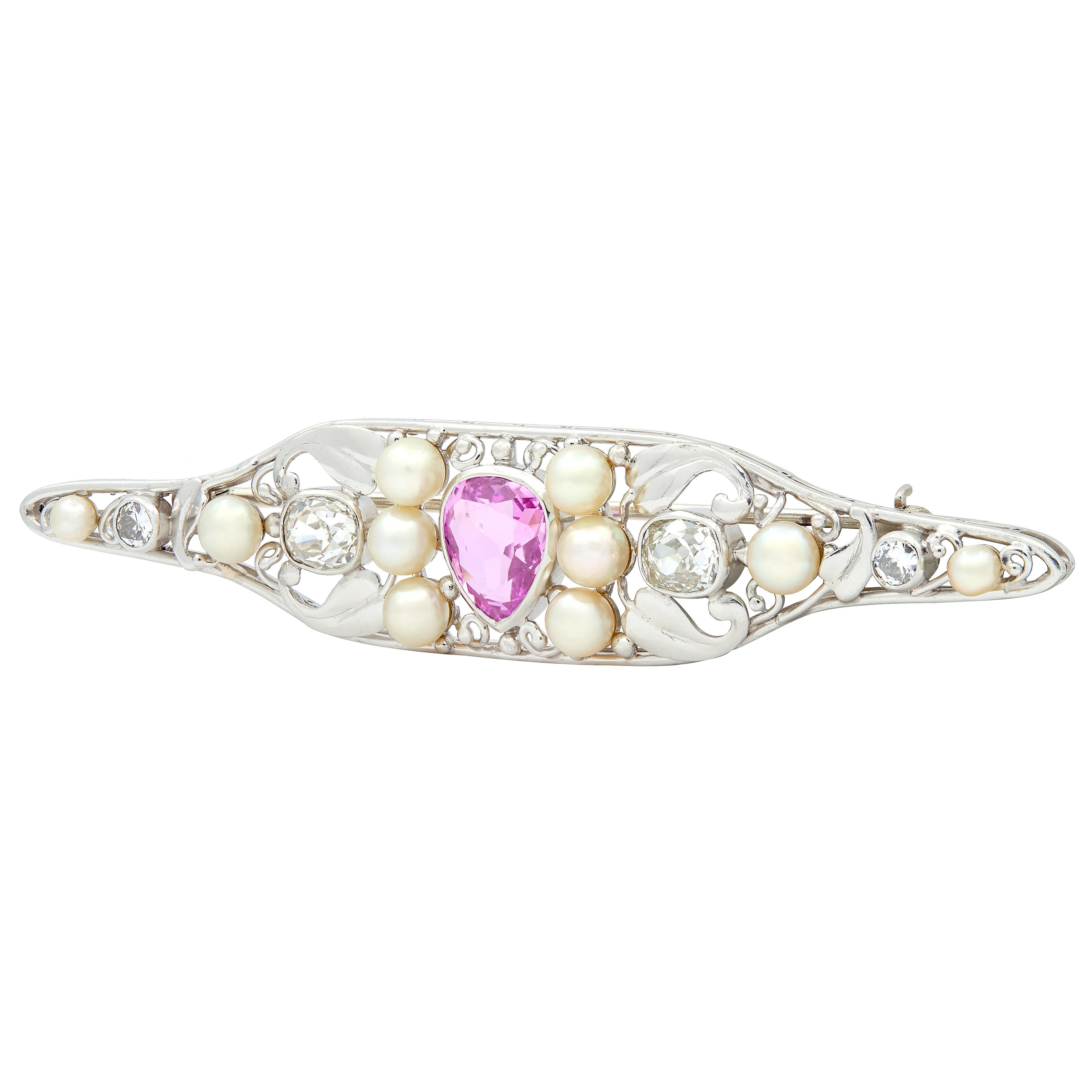 Art Nouveau Sapphire Diamond Pearl Platinum Antique Foliate Vine bar Brooch