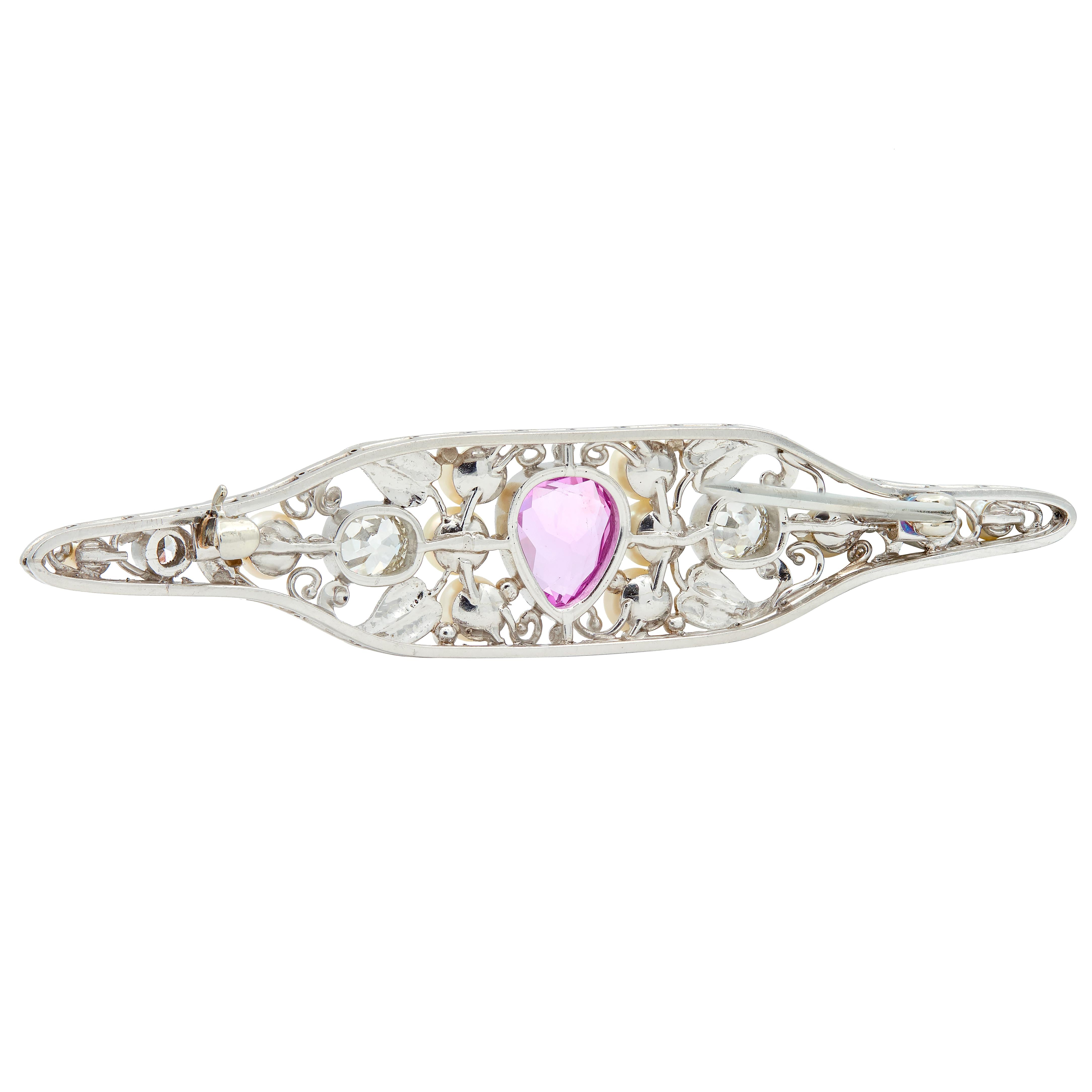 Art Nouveau Sapphire Diamond Pearl Platinum Antique Foliate Vine bar Brooch