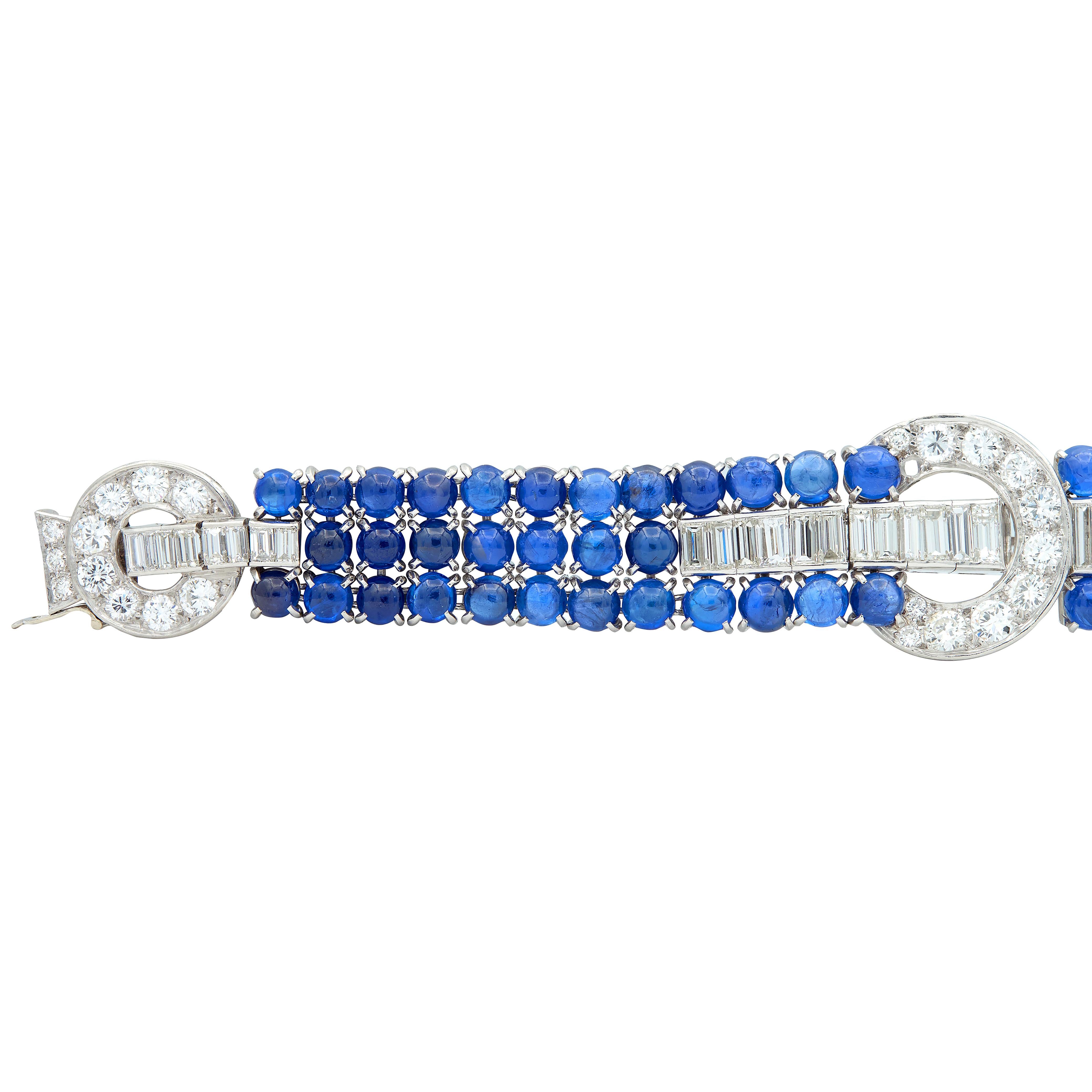 Art Deco 35.50 CTW Sapphire Diamond Platinum Vintage Buckle Line Bracelet