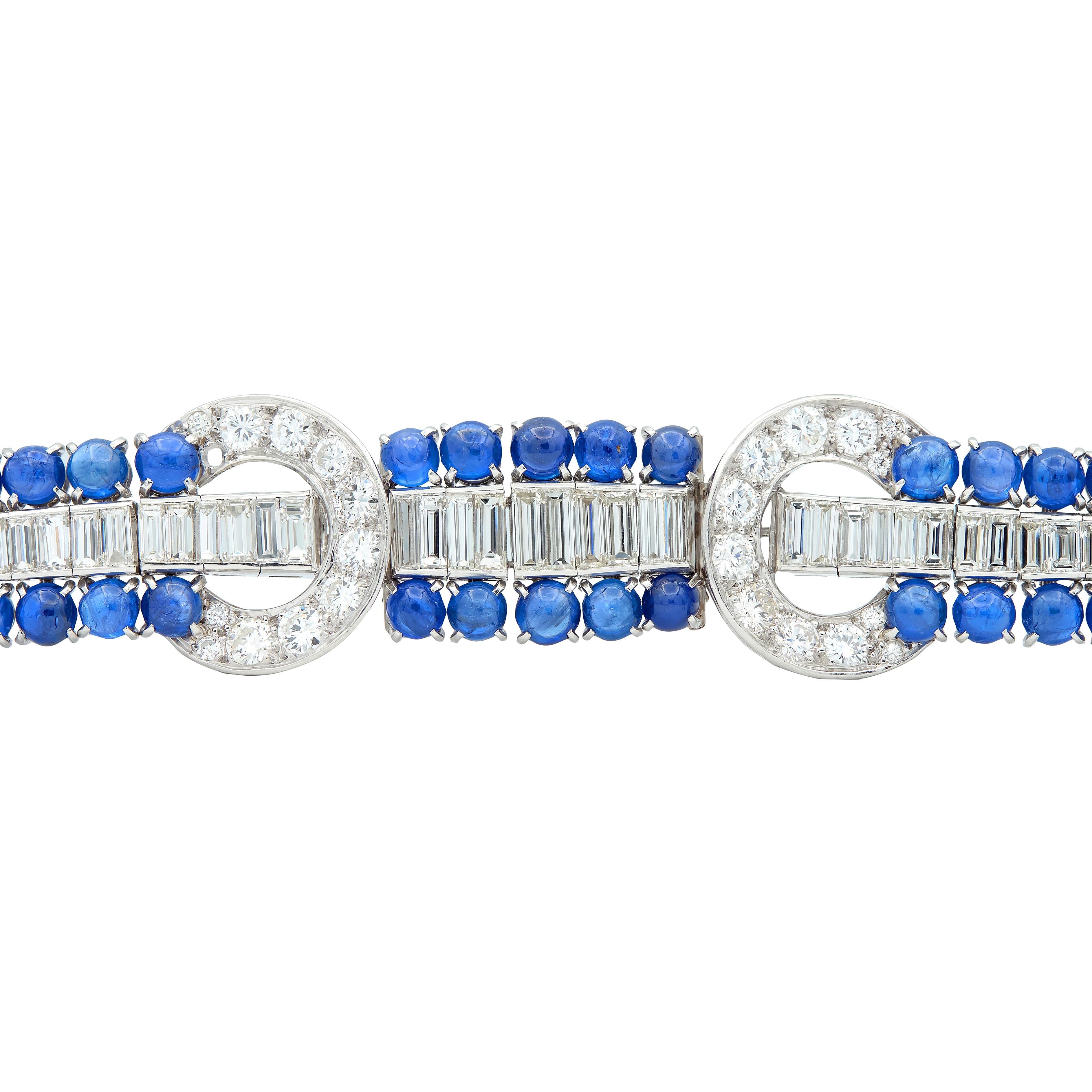 Art Deco 35.50 CTW Sapphire Diamond Platinum Vintage Buckle Line Bracelet