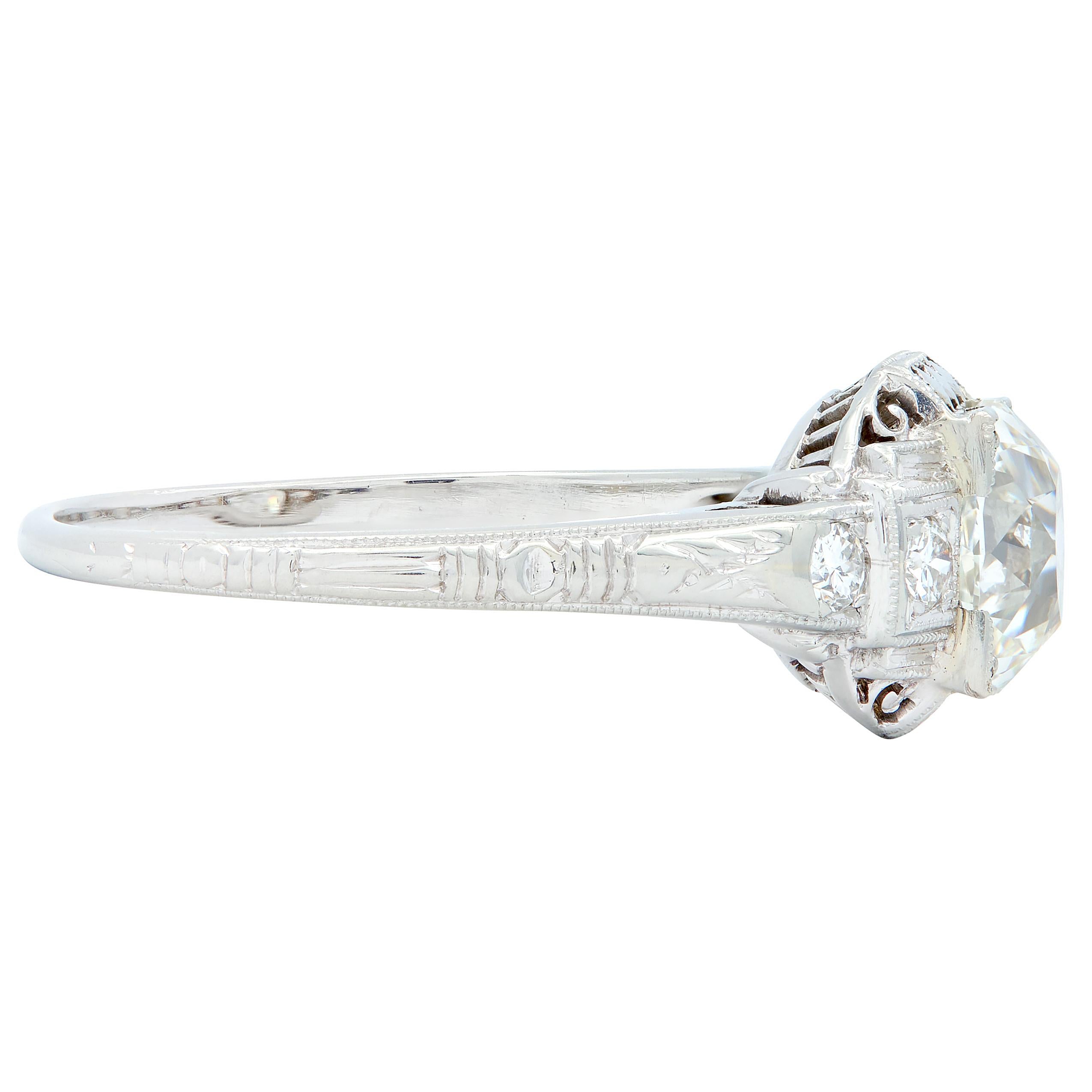 Art Deco 1.58 CTW Old European Diamond 18K Checkerboard Vintage Engagement Ring