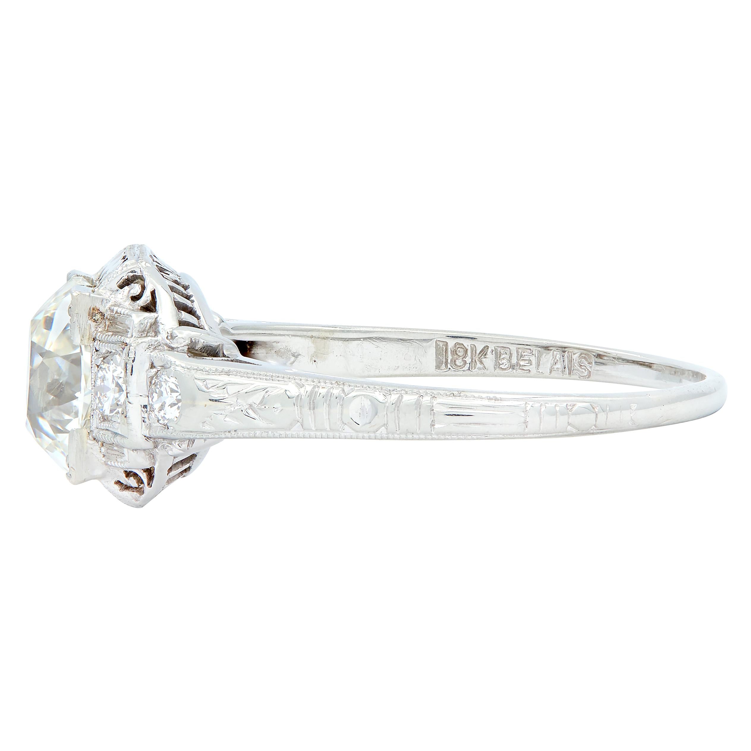 Art Deco 1.58 CTW Old European Diamond 18K Checkerboard Vintage Engagement Ring