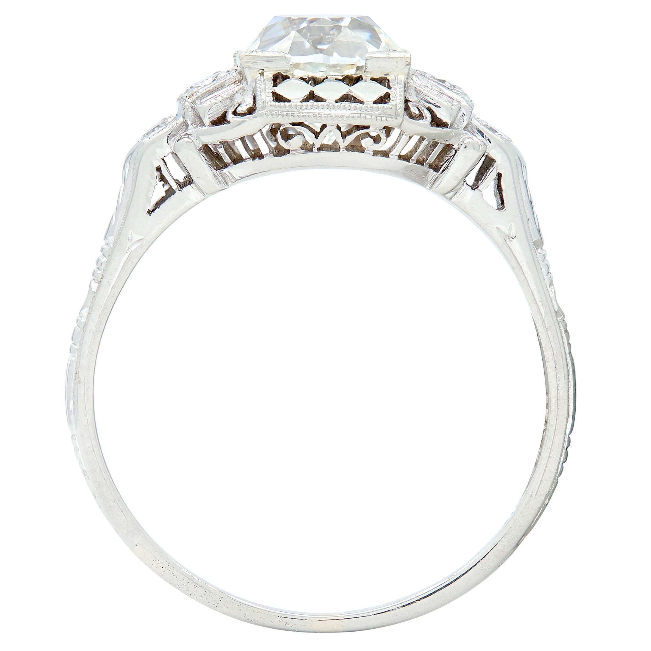 Art Deco 1.58 CTW Old European Diamond 18K Checkerboard Vintage Engagement Ring