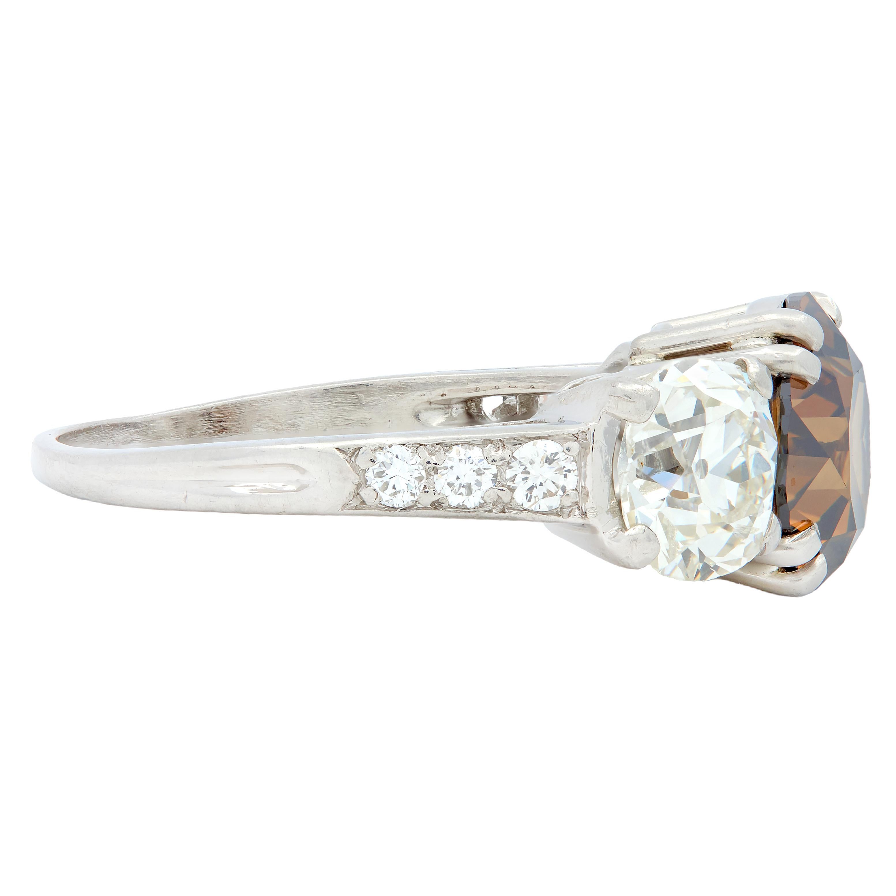 Mid-Century 4.25 CTW Fancy Orangy Brown Diamond Platinum Vintage Engagement Ring