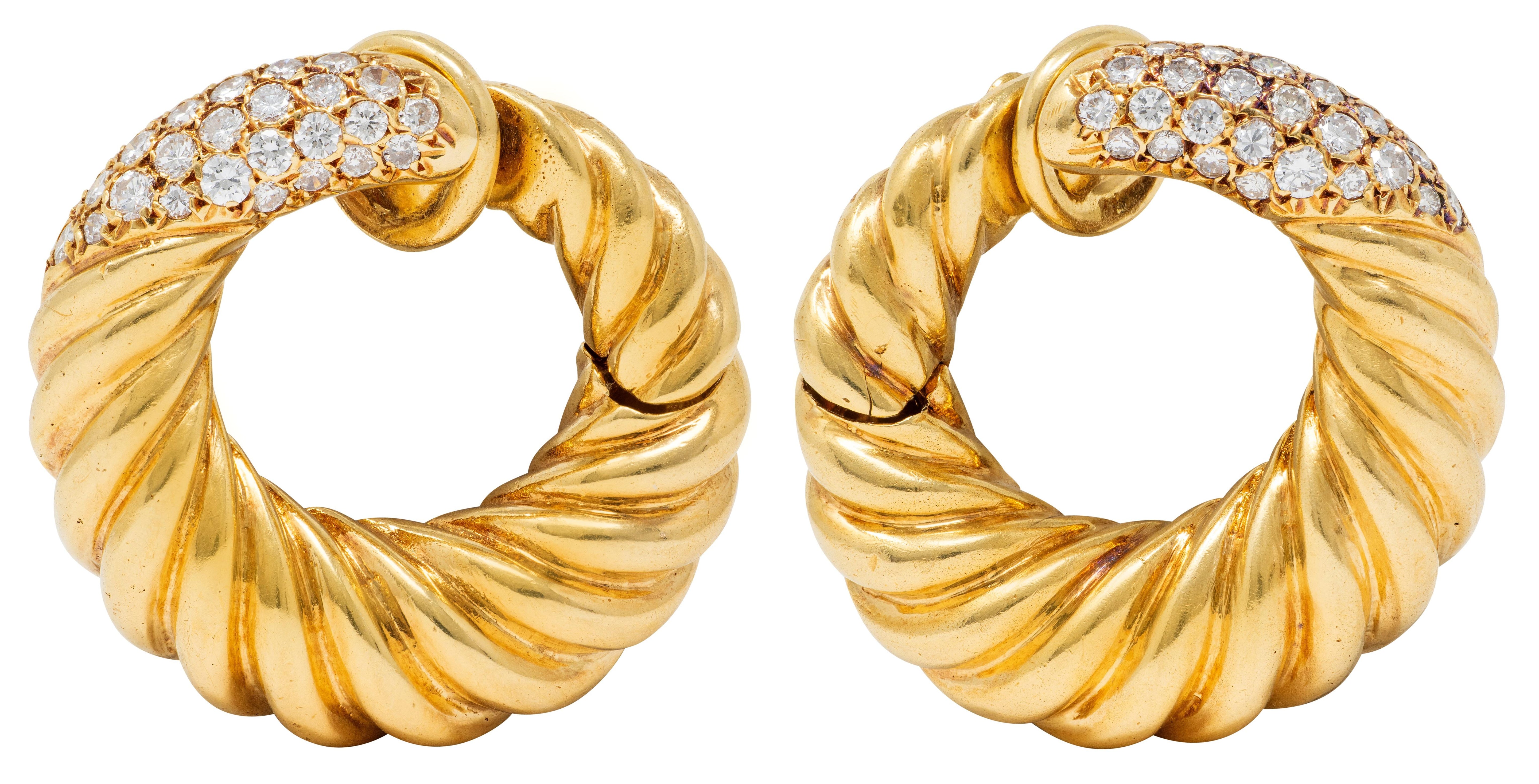 Van Cleef & Arpels 1977 French Diamond 18K Gold Twist Hoop Ear-Clip Earrings