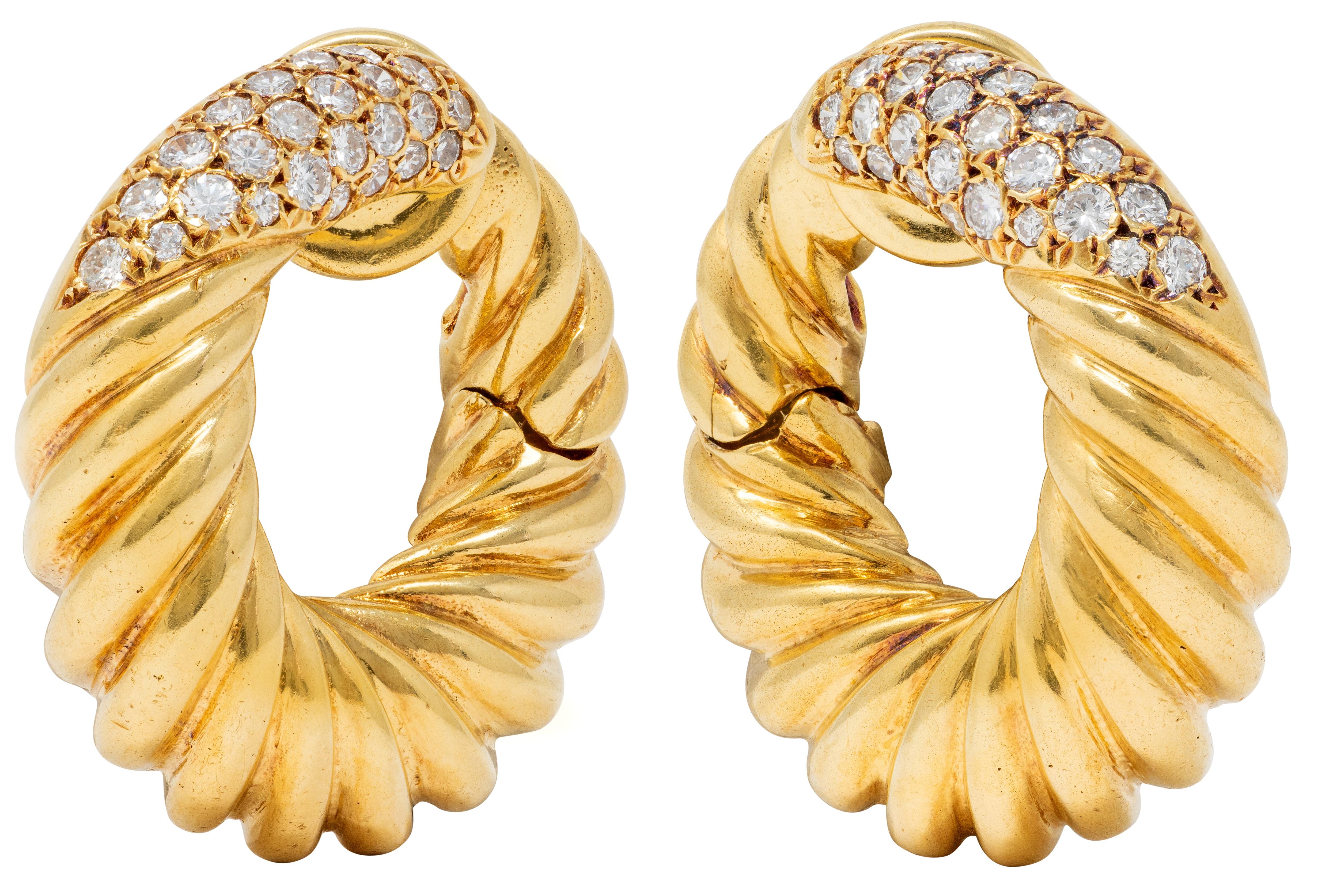 Van Cleef & Arpels 1977 French Diamond 18K Gold Twist Hoop Ear-Clip Earrings
