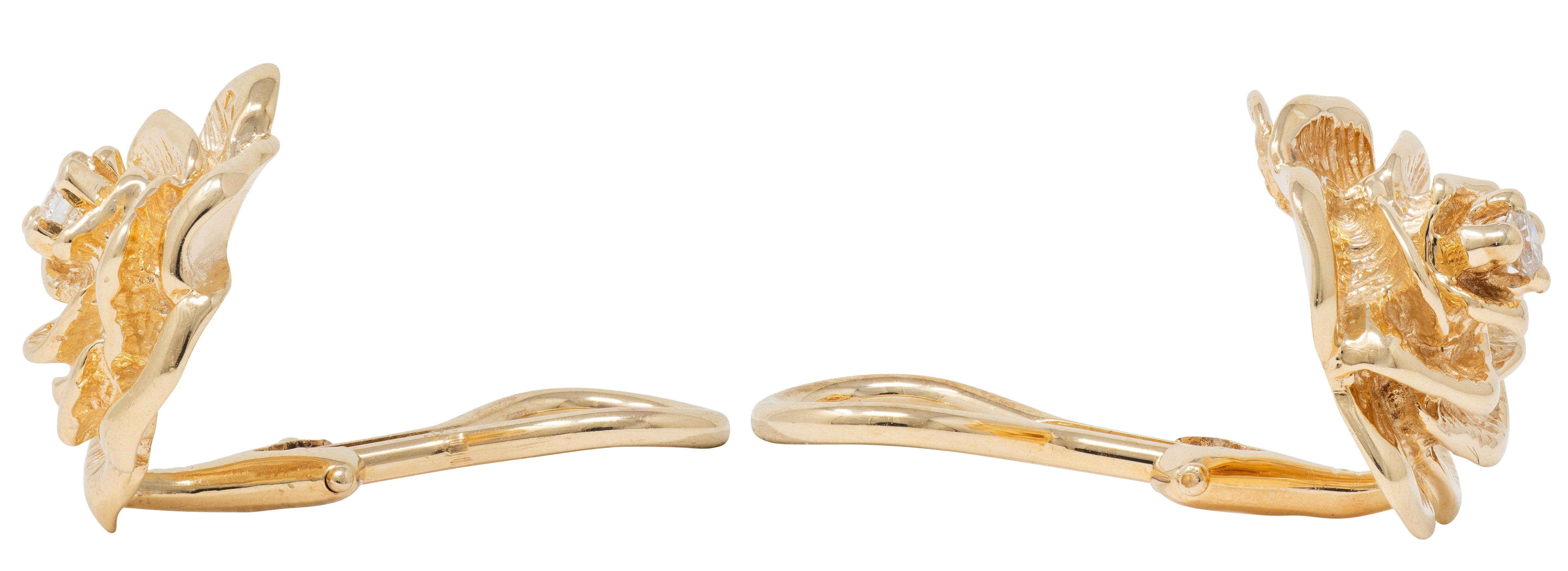 Tiffany & Co. 1990's Diamond 14 Karat Yellow Gold Vintage Rose Ear-Clip Earrings