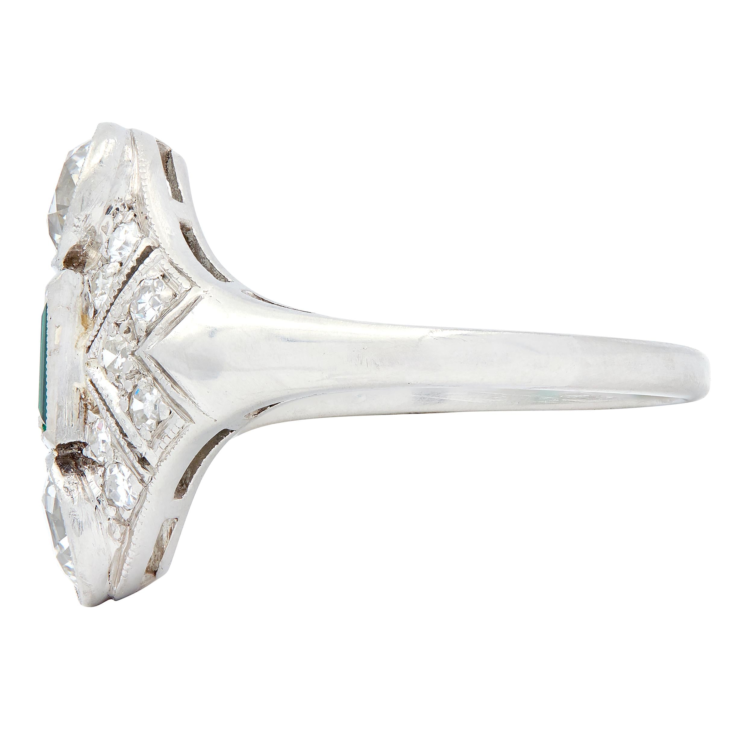 Art Deco 1.75 CTW Emerald Diamond Platinum Vintage Navette Dinner Ring