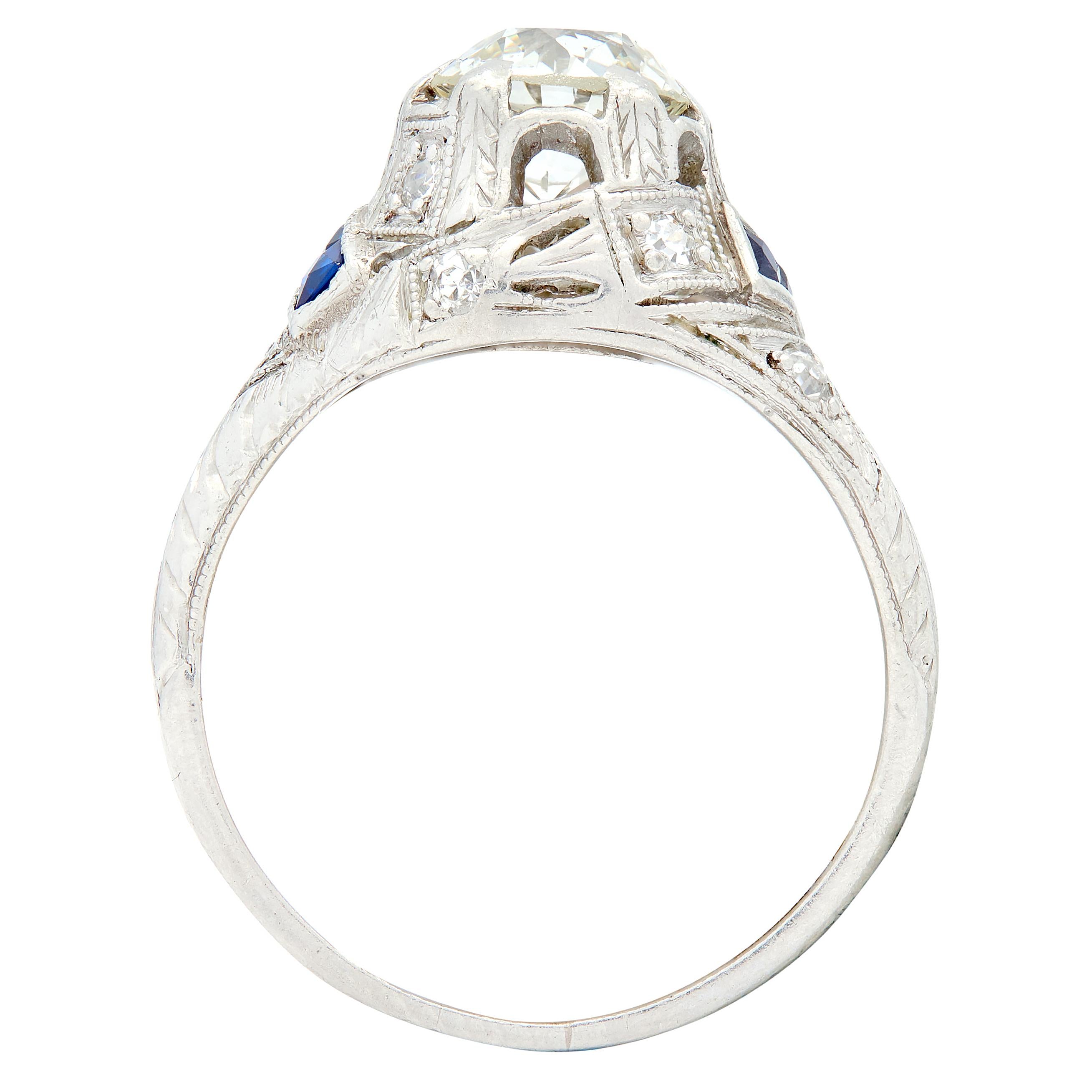 Art Deco 1.24 CTW Old European Diamond Sapphire Platinum Foliate Engagement Ring