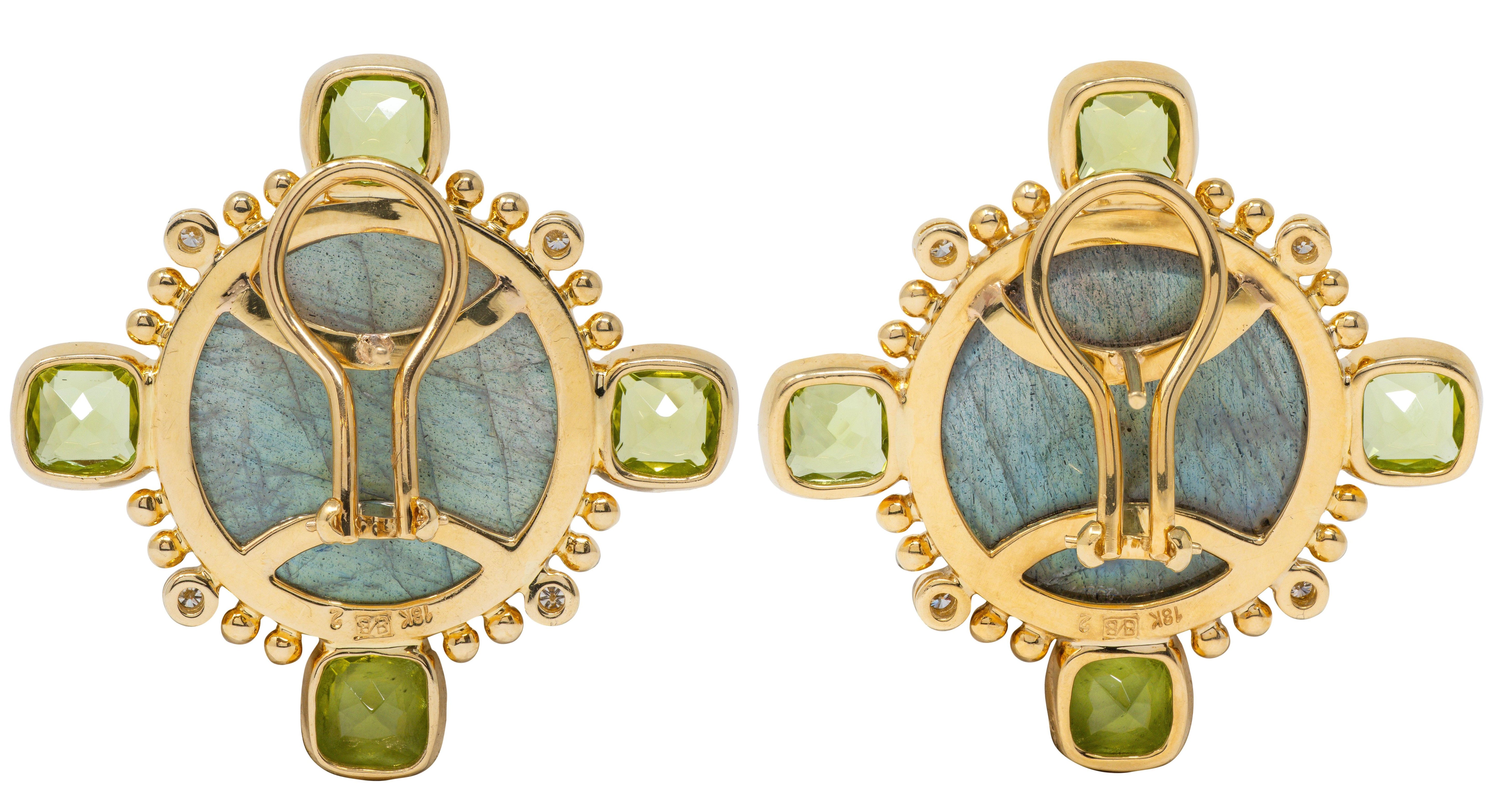 Contemporary Labadorite Peridot Diamond 18 Karat Yellow Gold Quatrefoil Earrings