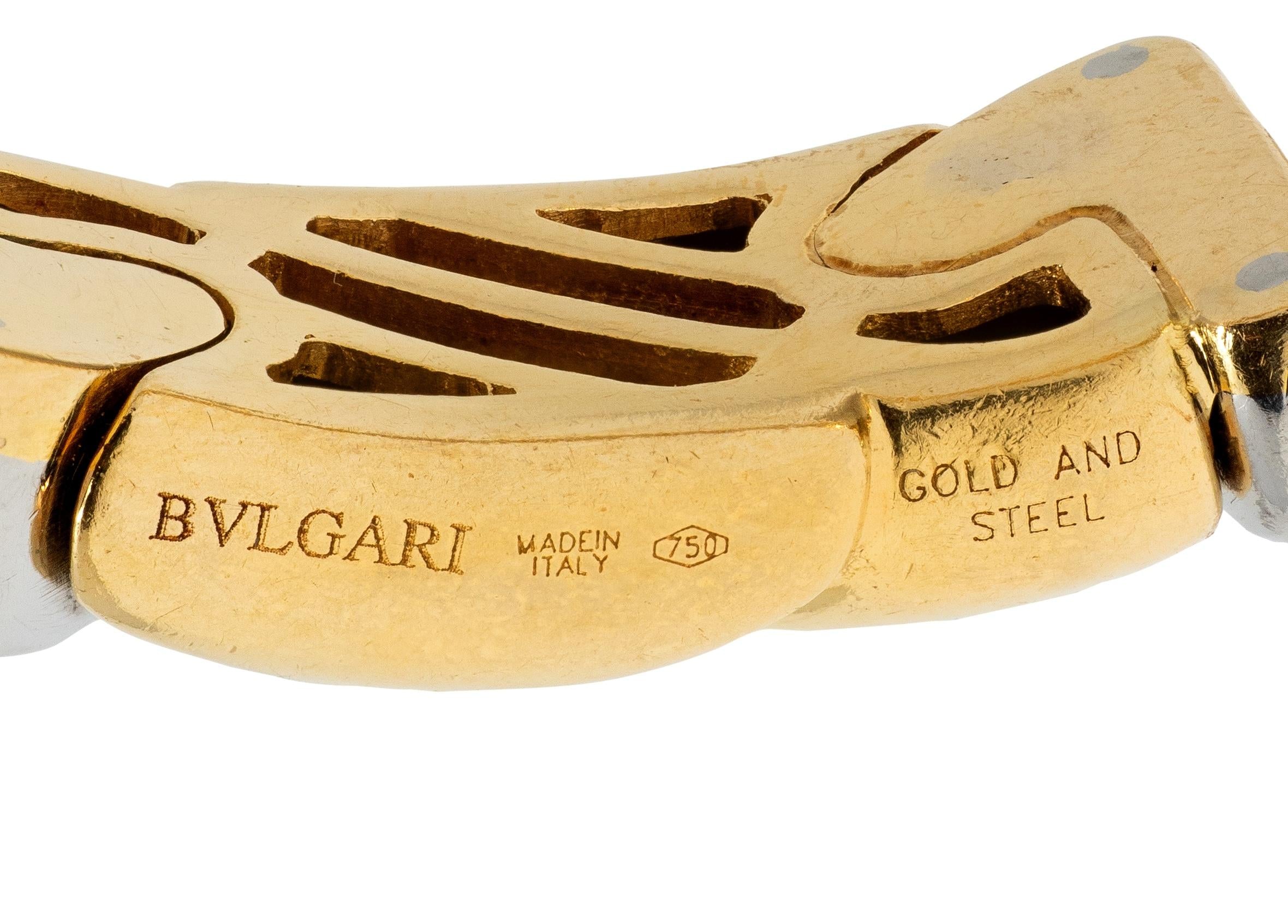 Bulgari 1990's 18 Karat Yellow Gold Stainless Steel Vintage Saetta Cuff Bracelet