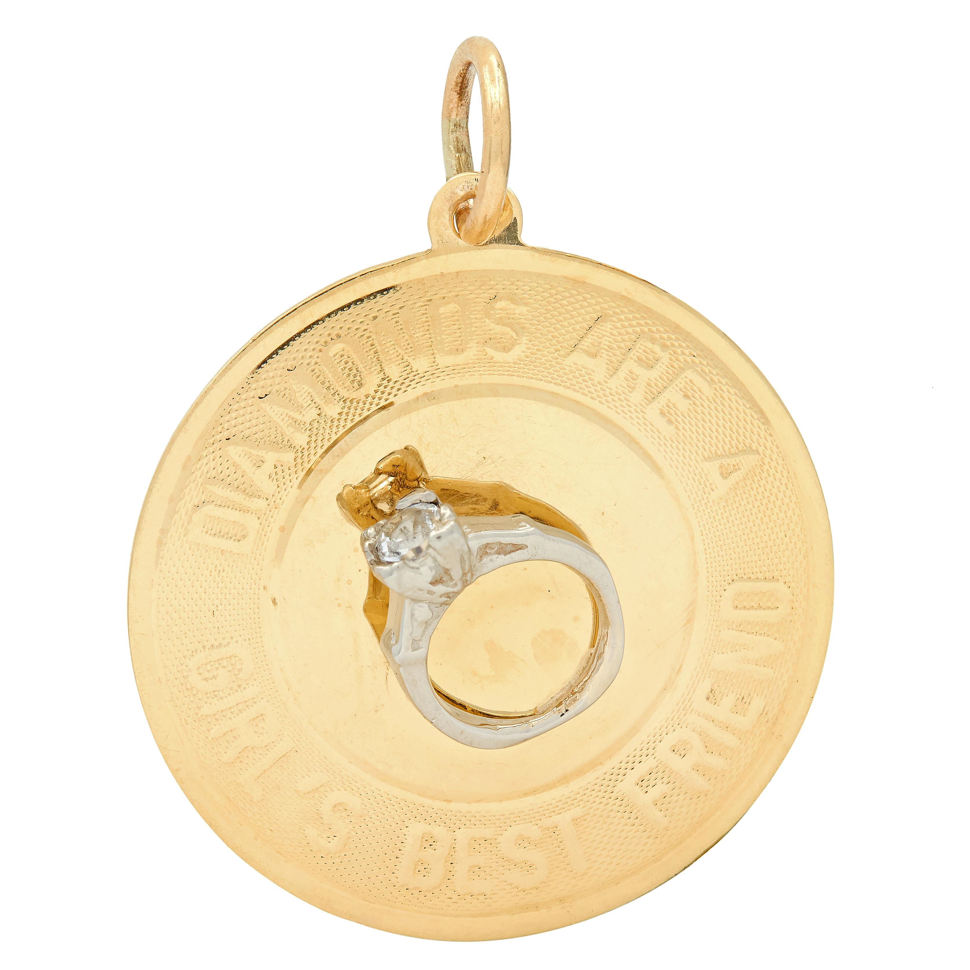 1950's 14 Karat Two-Tone Gold Diamonds Are A Girls Best Friend Pendant Charm