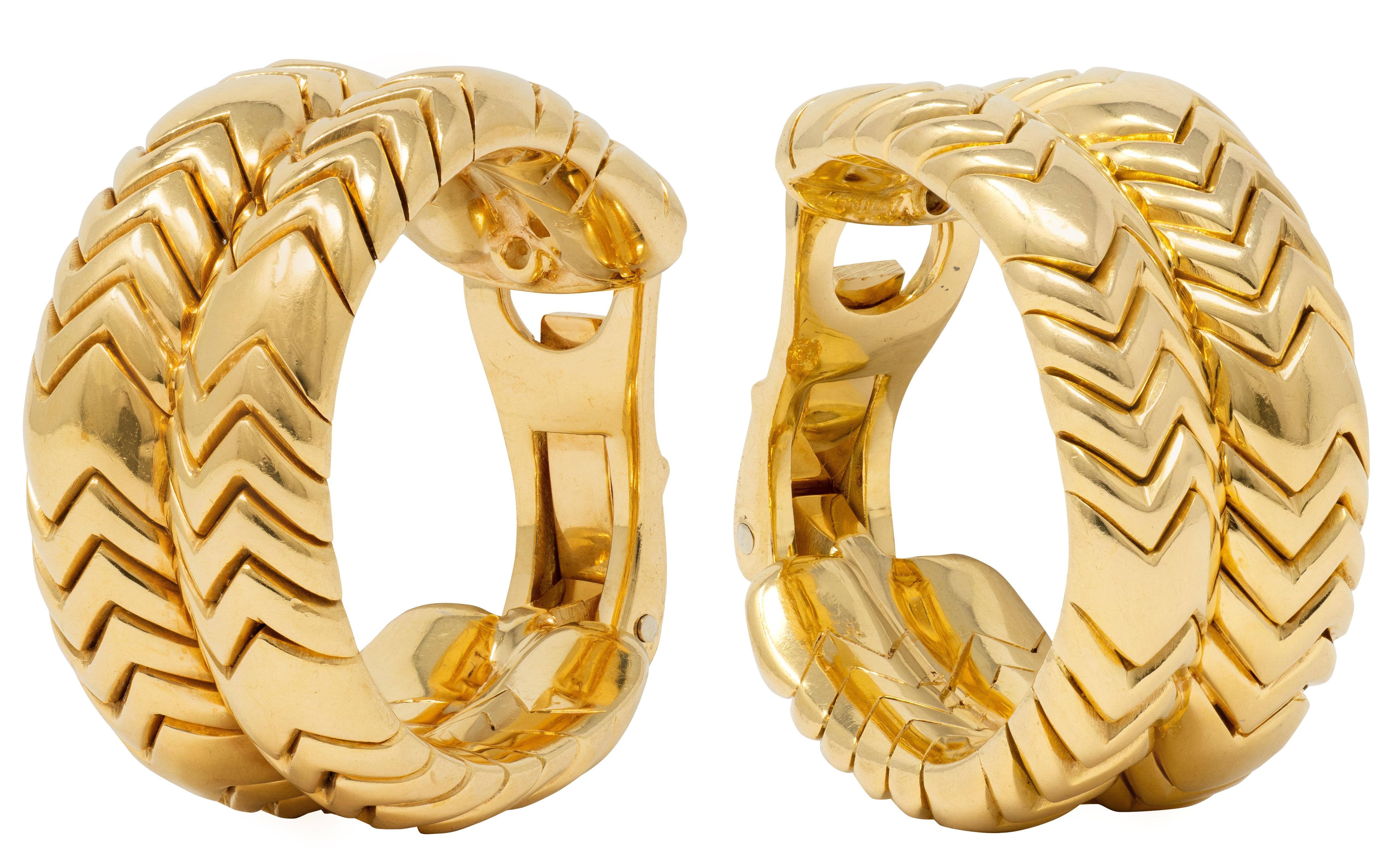 Bulgari 1990's 18K Yellow Gold Vintage Double Spiga J-Hoop Ear-Clip Earrings