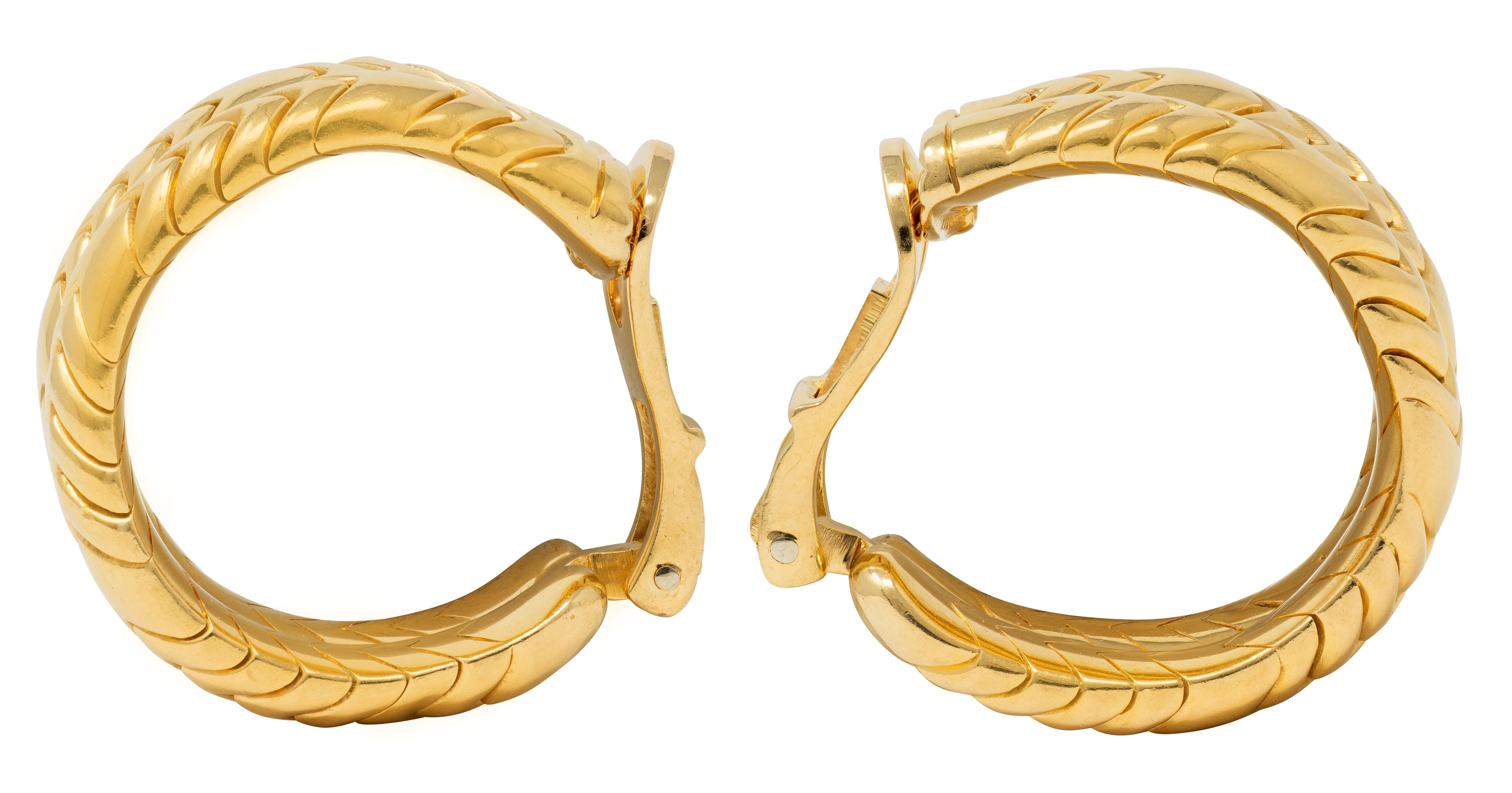 Bulgari 1990's 18K Yellow Gold Vintage Double Spiga J-Hoop Ear-Clip Earrings