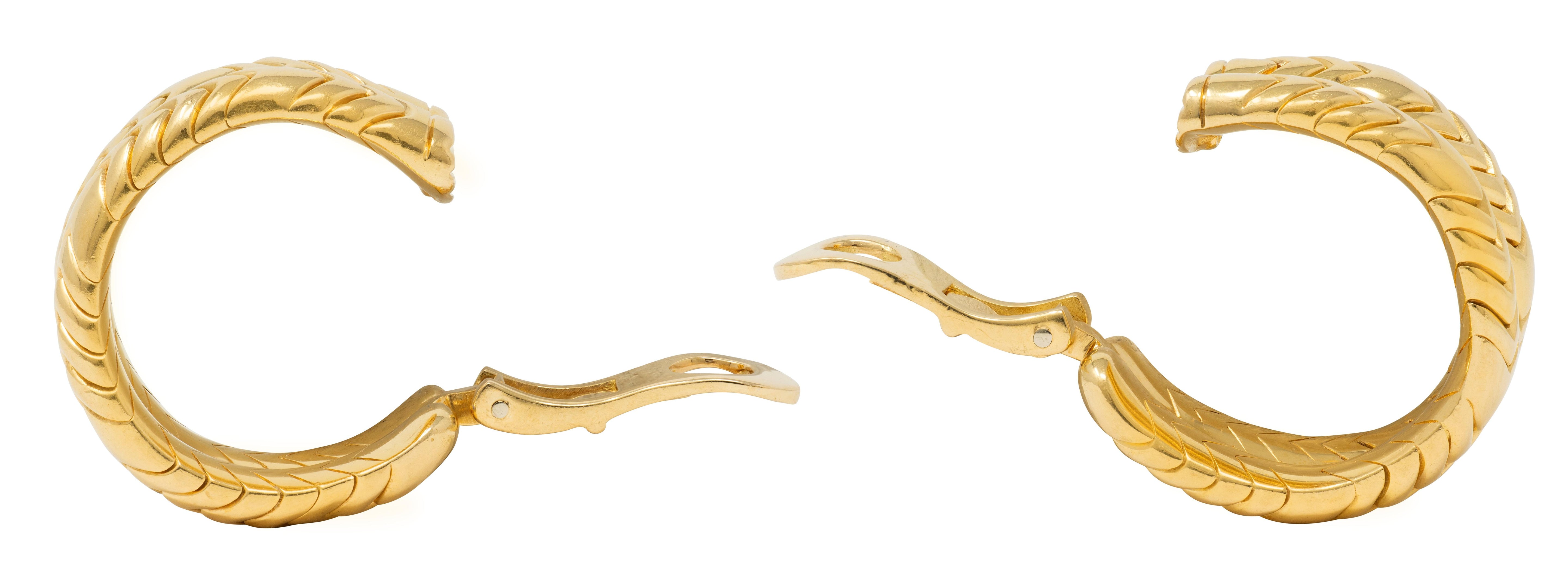 Bulgari 1990's 18K Yellow Gold Vintage Double Spiga J-Hoop Ear-Clip Earrings