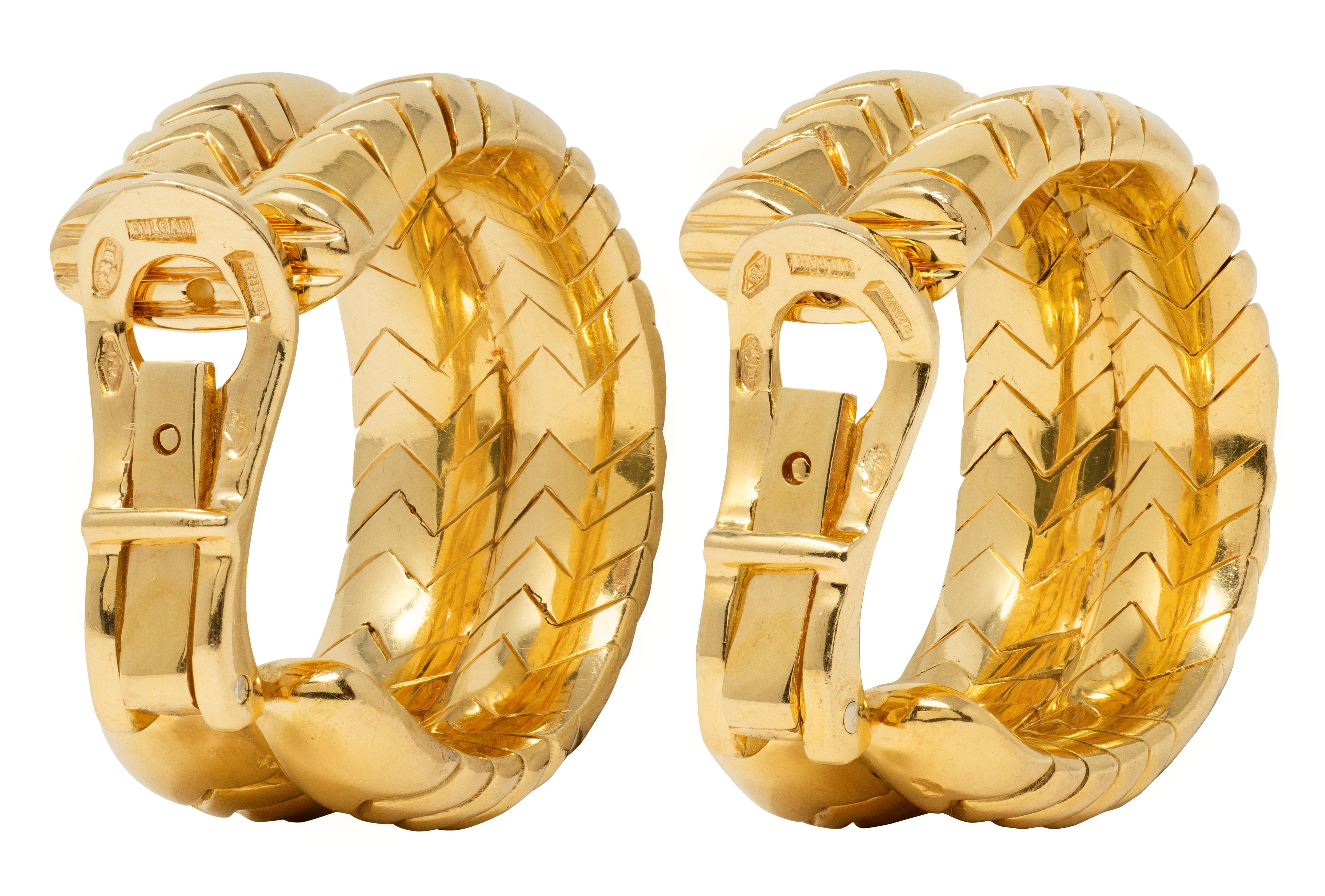 Bulgari 1990's 18K Yellow Gold Vintage Double Spiga J-Hoop Ear-Clip Earrings