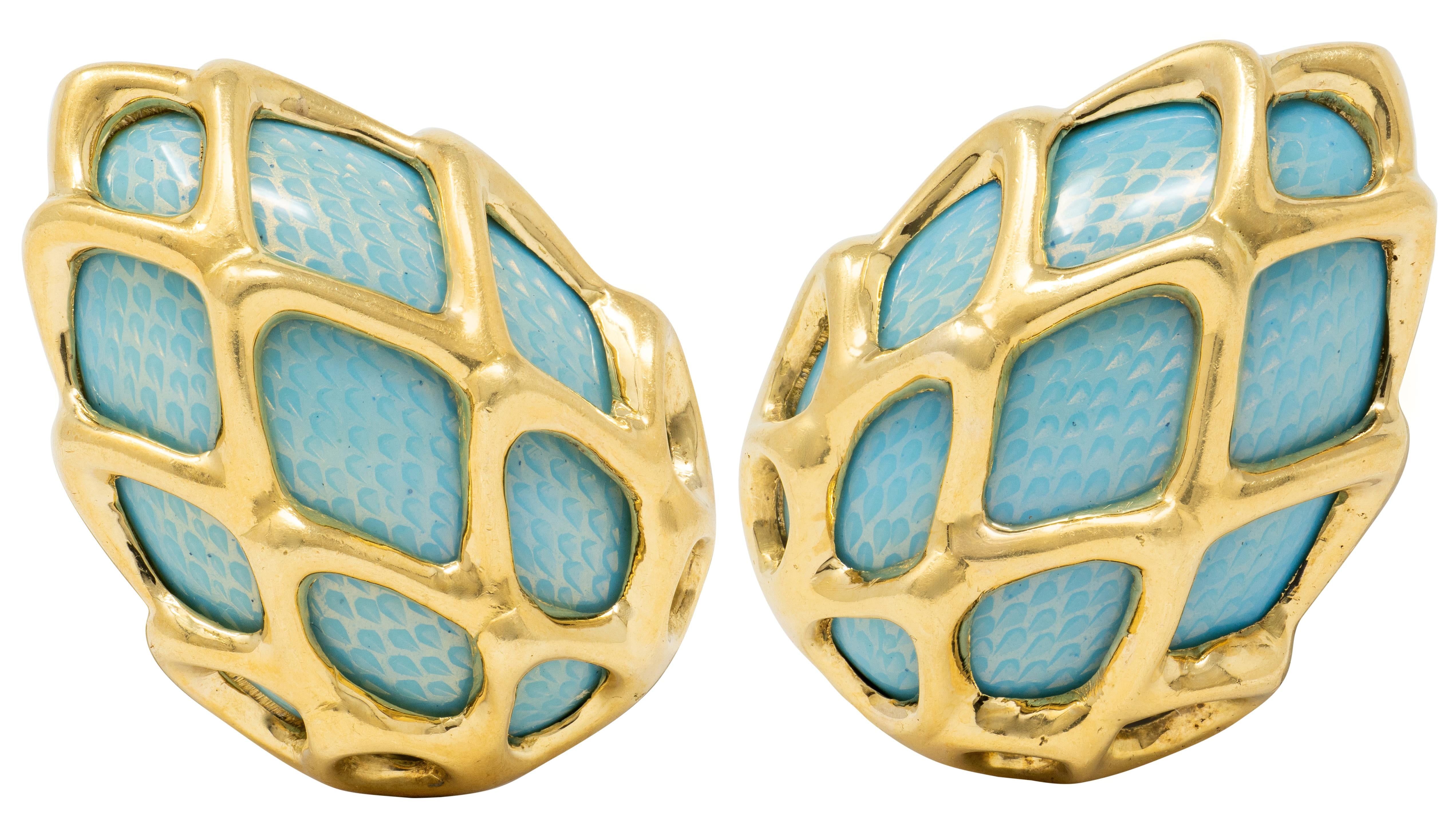 Tiffany & Co. 1960's Basse-Taile Enamel 18K Gold Vintage Egg Ear-Clip Earrings