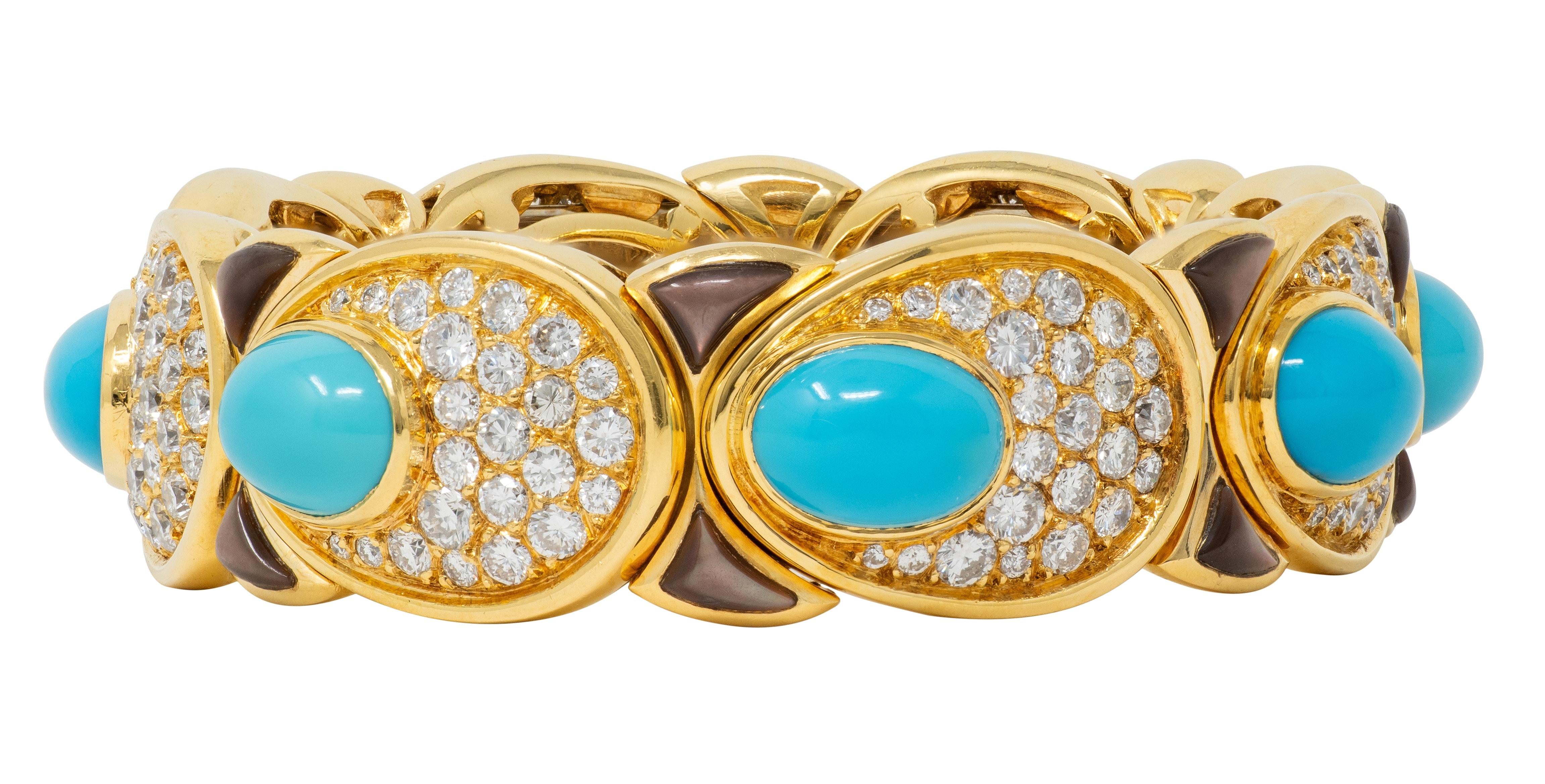 Marina B. 1984 French Diamond Turquoise Abalone 18K Gold Vintage Cuff Bracelet
