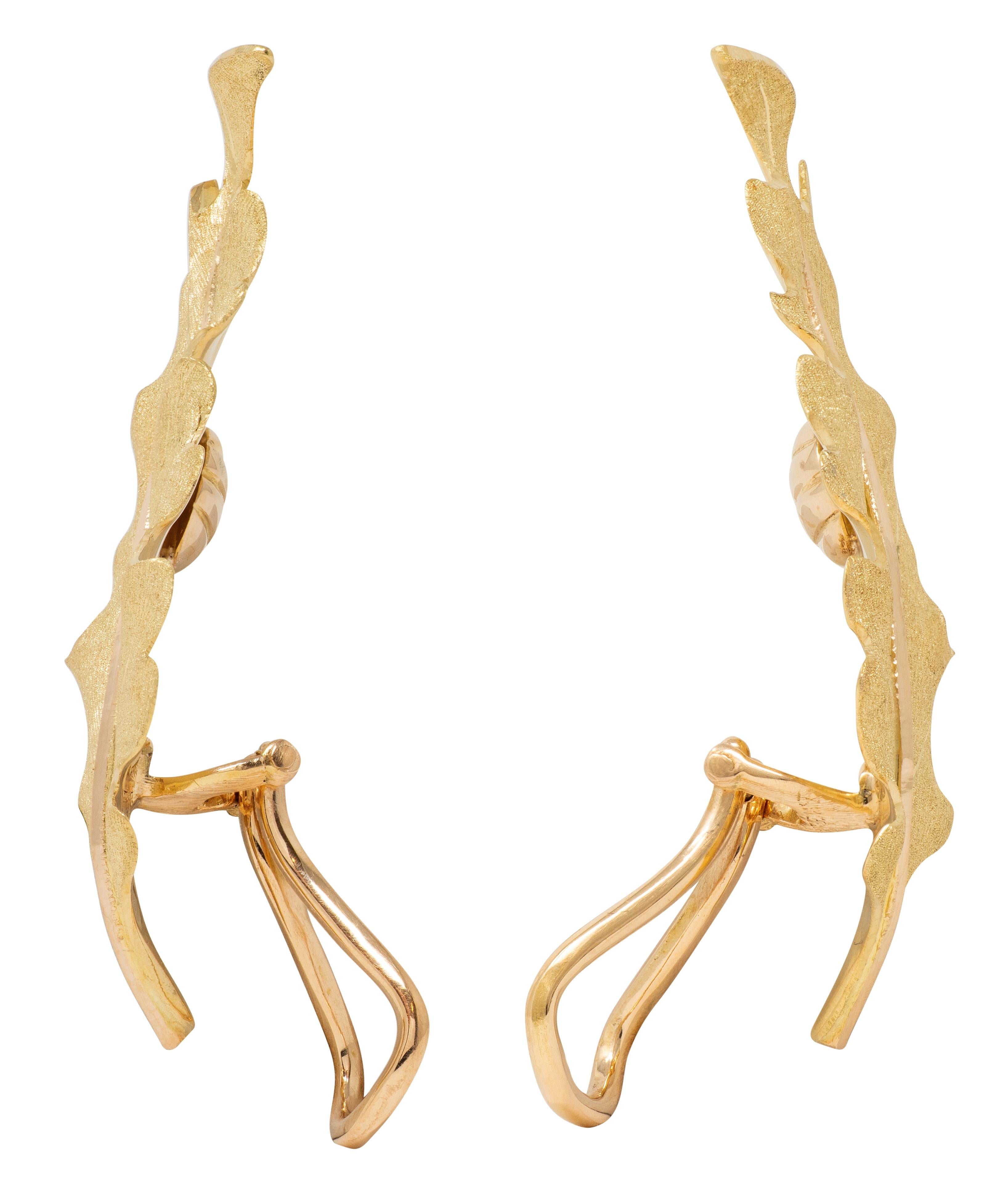Mario Buccellati 1970's 18 Karat Yellow Gold Vintage Oak Leaf Ear-Clip Earrings