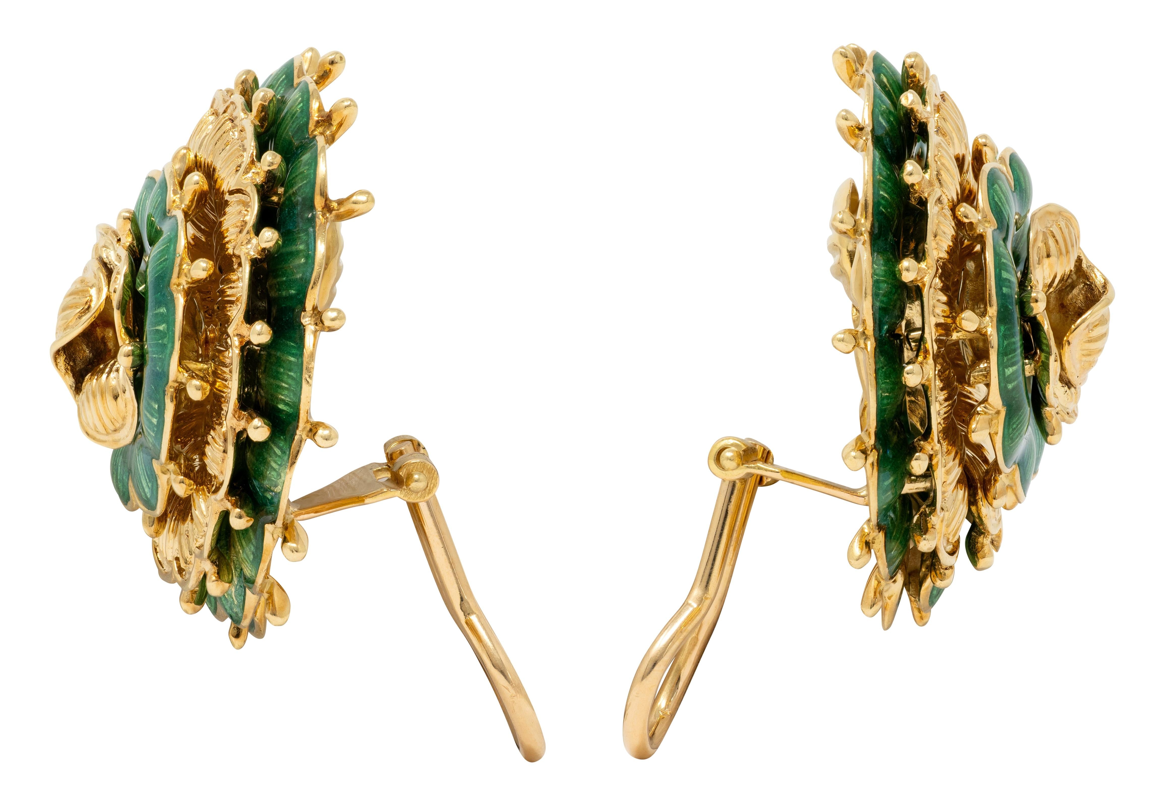 Tiffany & Co. 1960 Basse-Taille Enamel 18K Gold Vintage Flower Ear-Clip Earrings