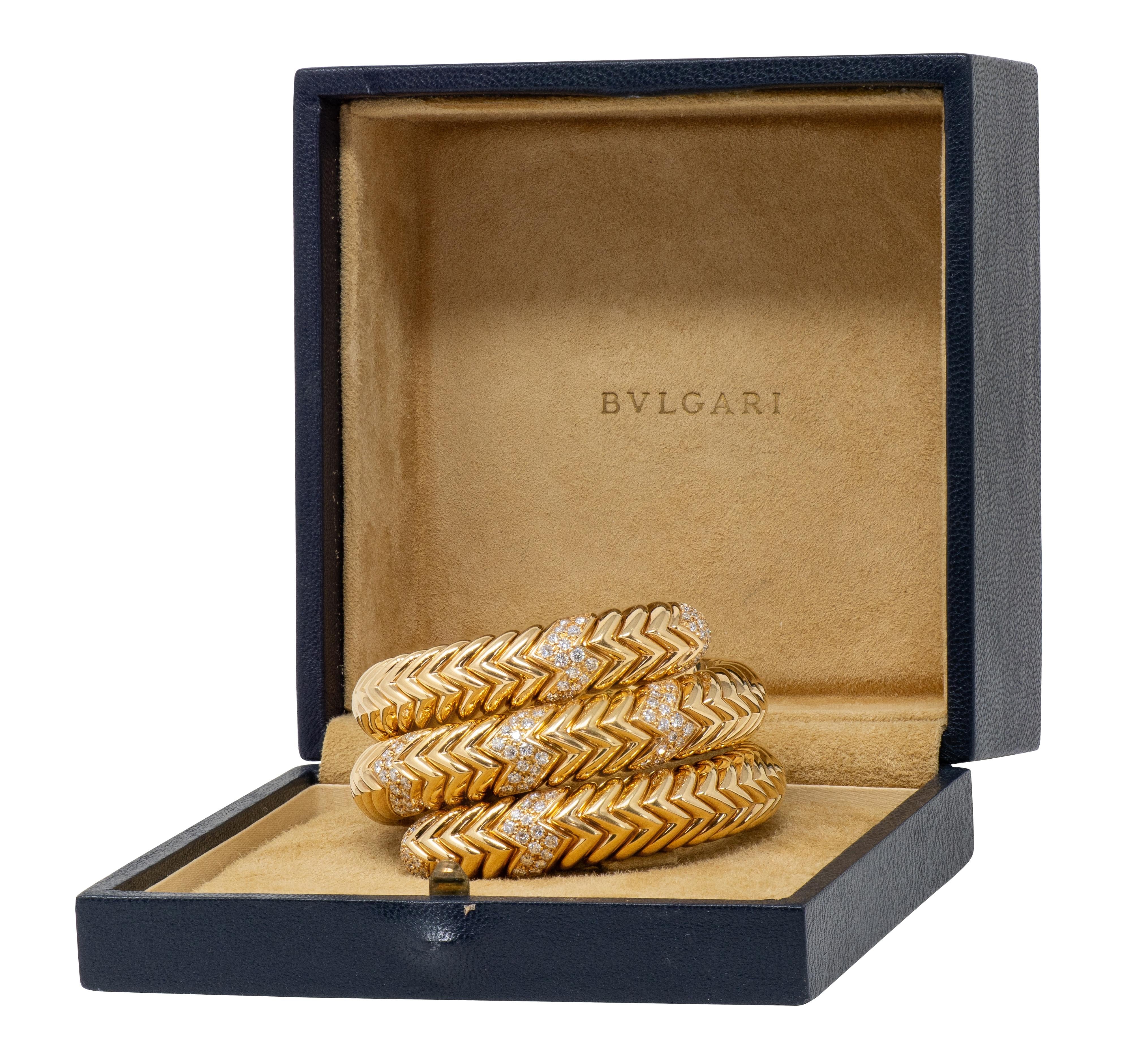 Bvlgari French 1970's Diamond 18K Gold Yellow Vintage Triple Spiga Wrap Bracelet