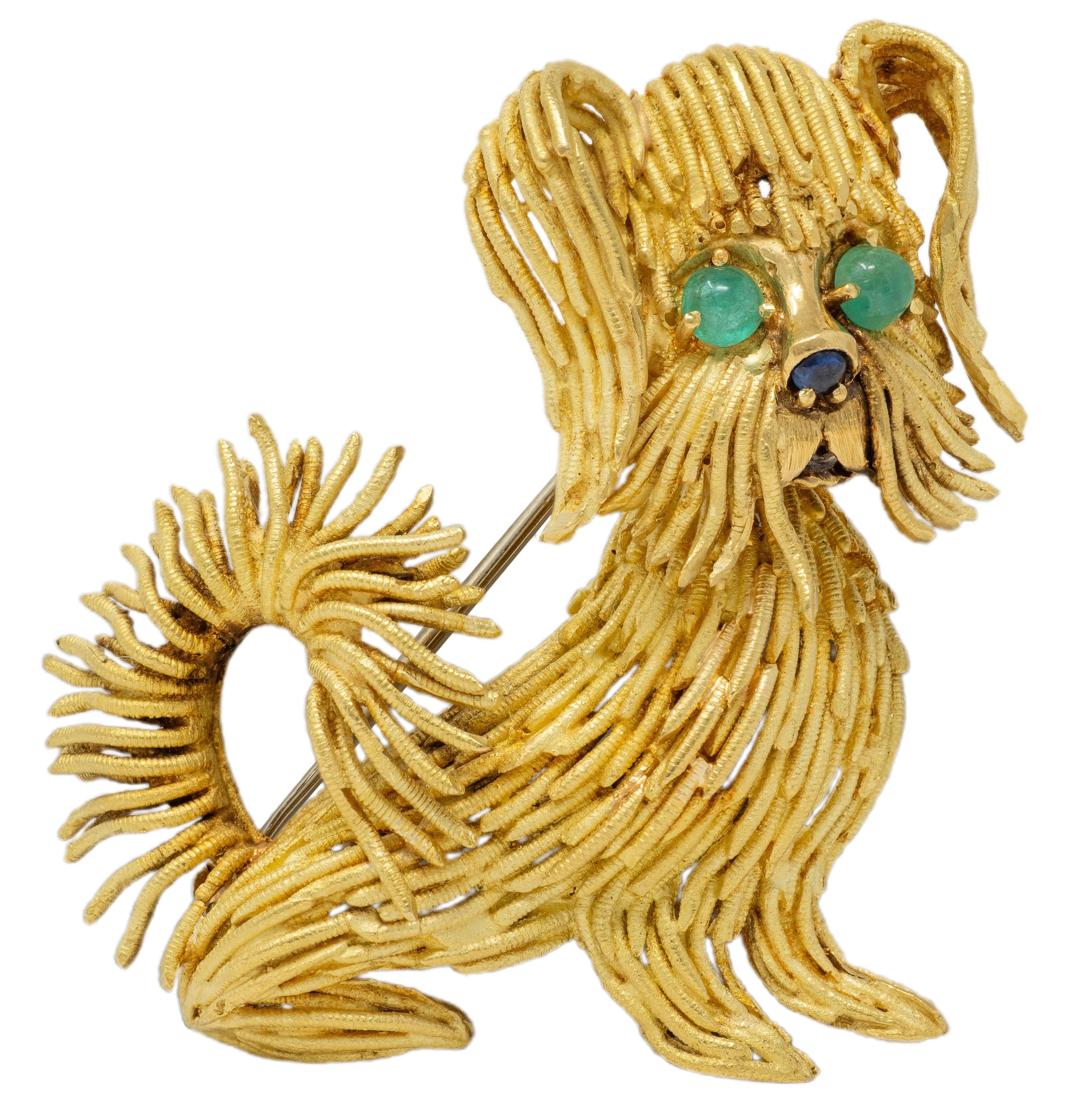 Cartier 1960's Sapphire Emerald 18 Karat Yellow Gold Vintage Wire Dog Brooch