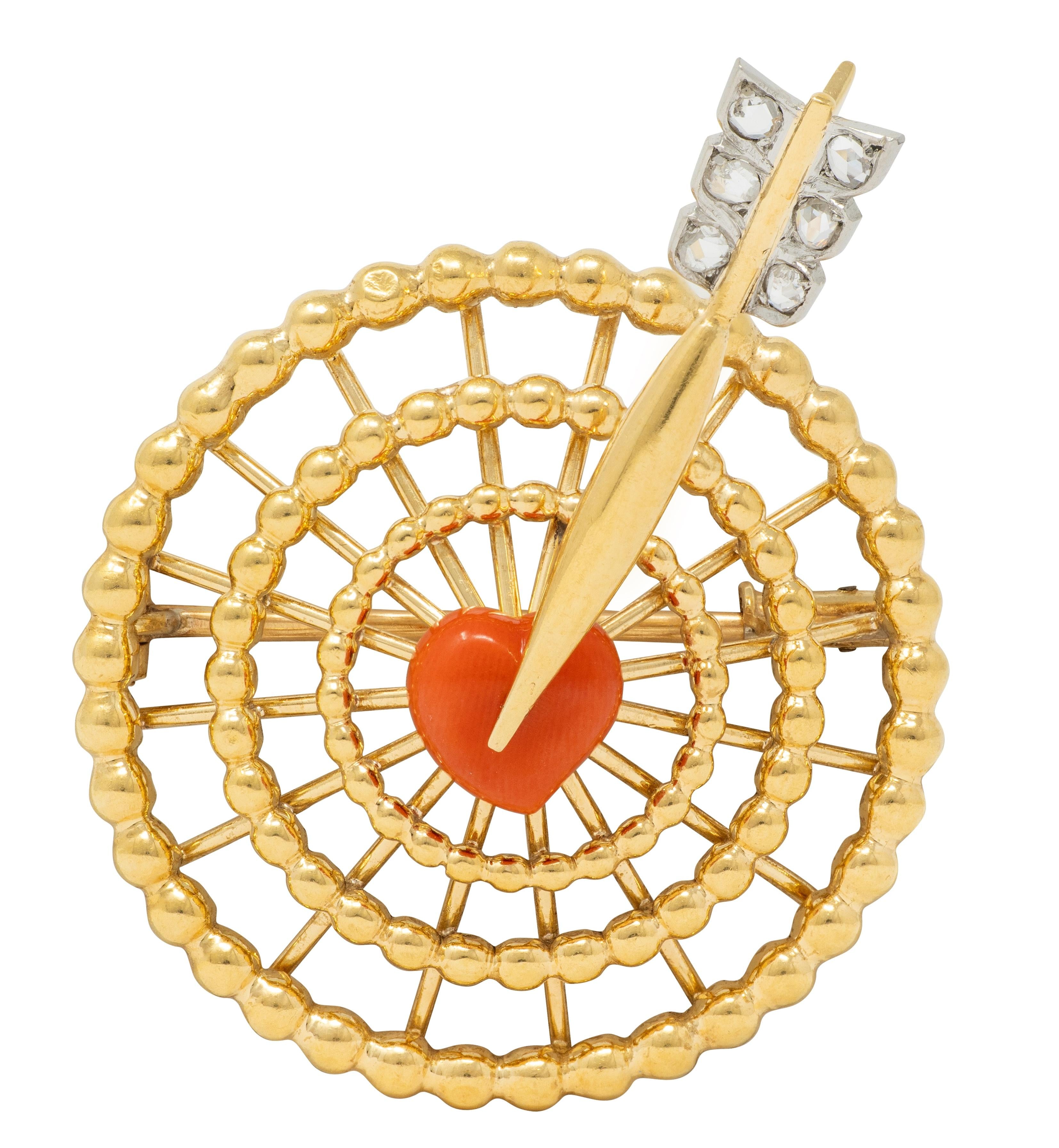 Cartier Paris 1940's Diamond Coral Platinum 18K Gold Vintage Heart Target Brooch
