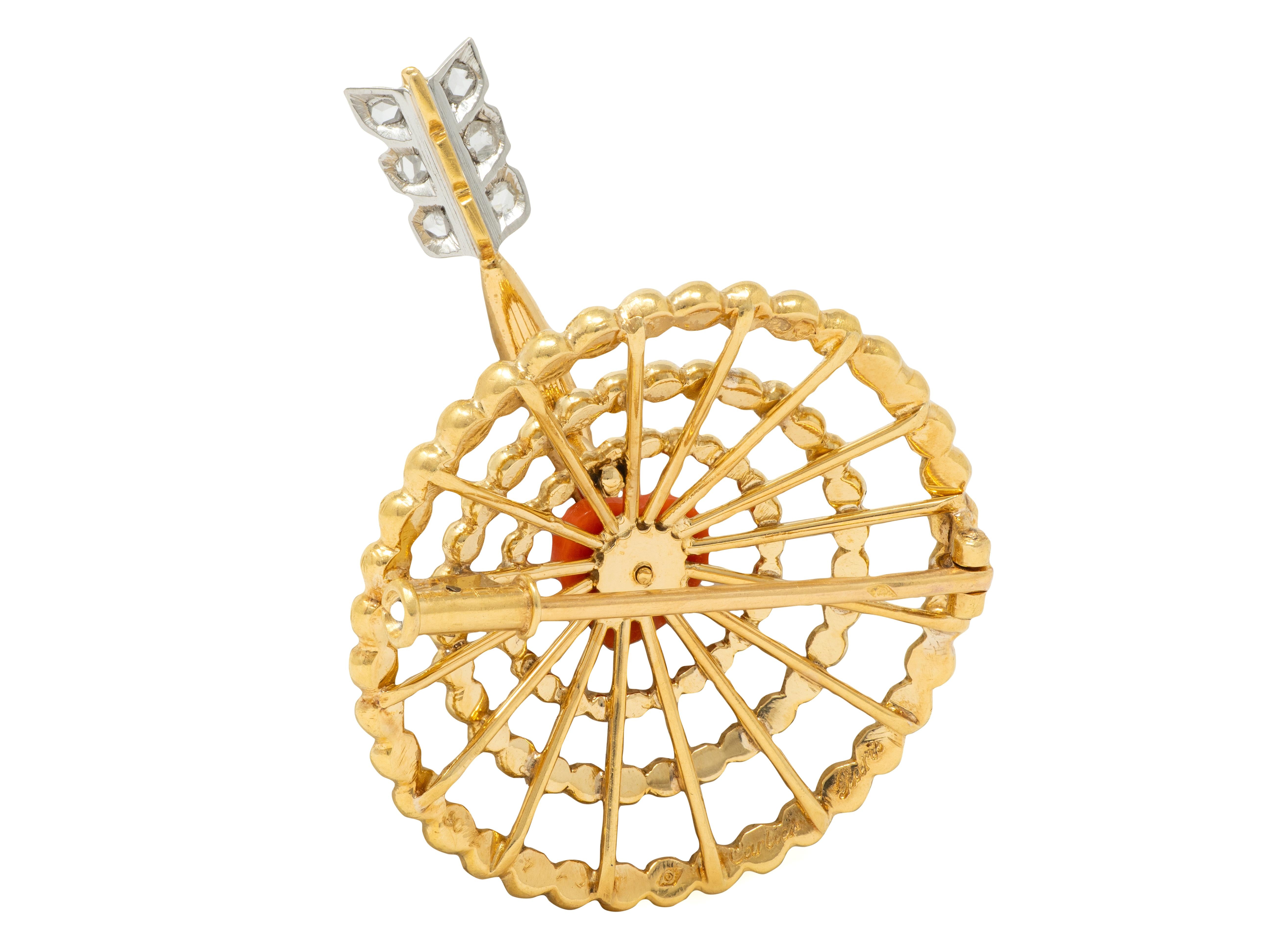 Cartier Paris 1940's Diamond Coral Platinum 18K Gold Vintage Heart Target Brooch