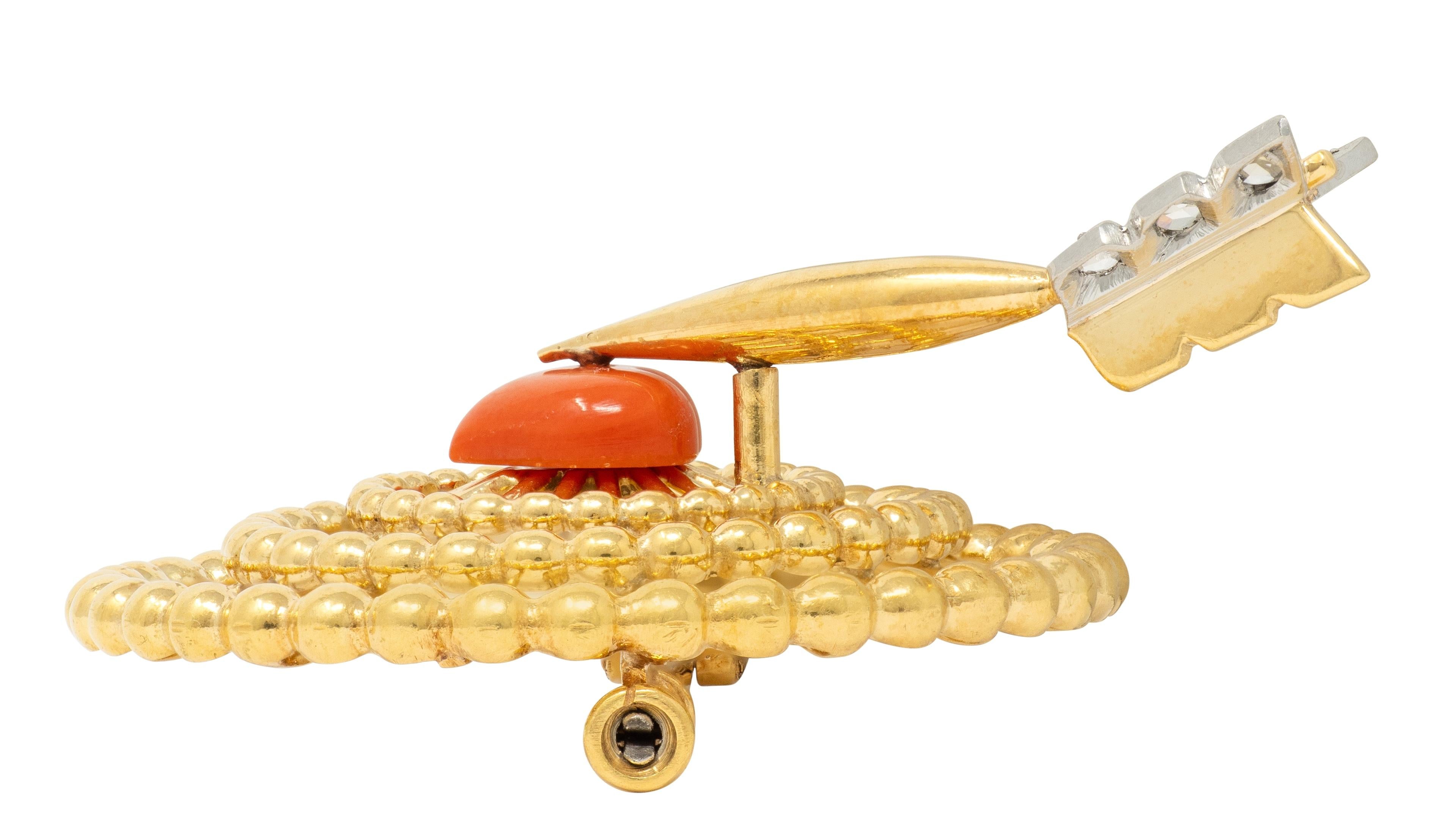 Cartier Paris 1940's Diamond Coral Platinum 18K Gold Vintage Heart Target Brooch