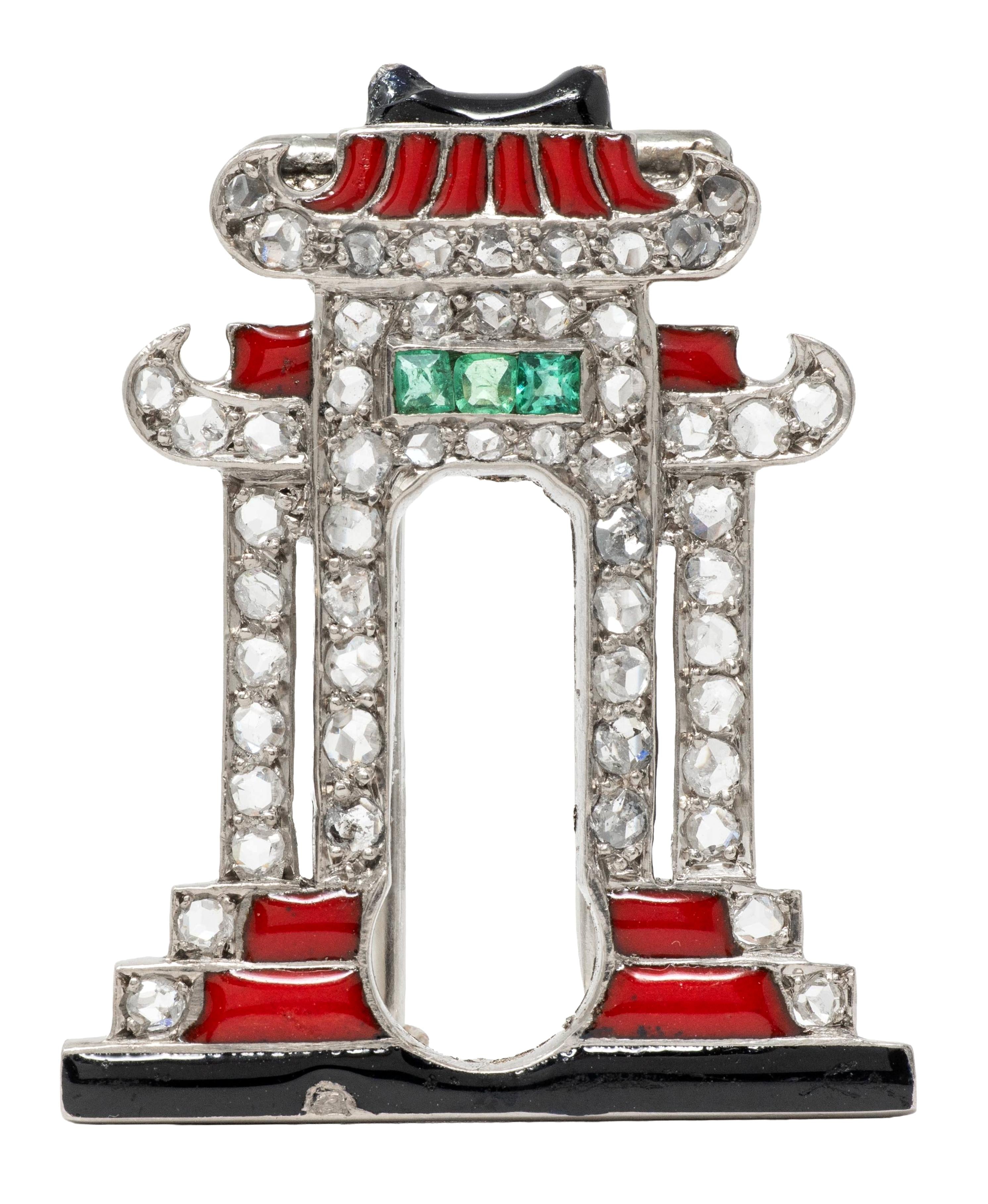Ghiso Paris Art Deco Diamond Emerald Enamel Platinum Pagoda Antique Brooch