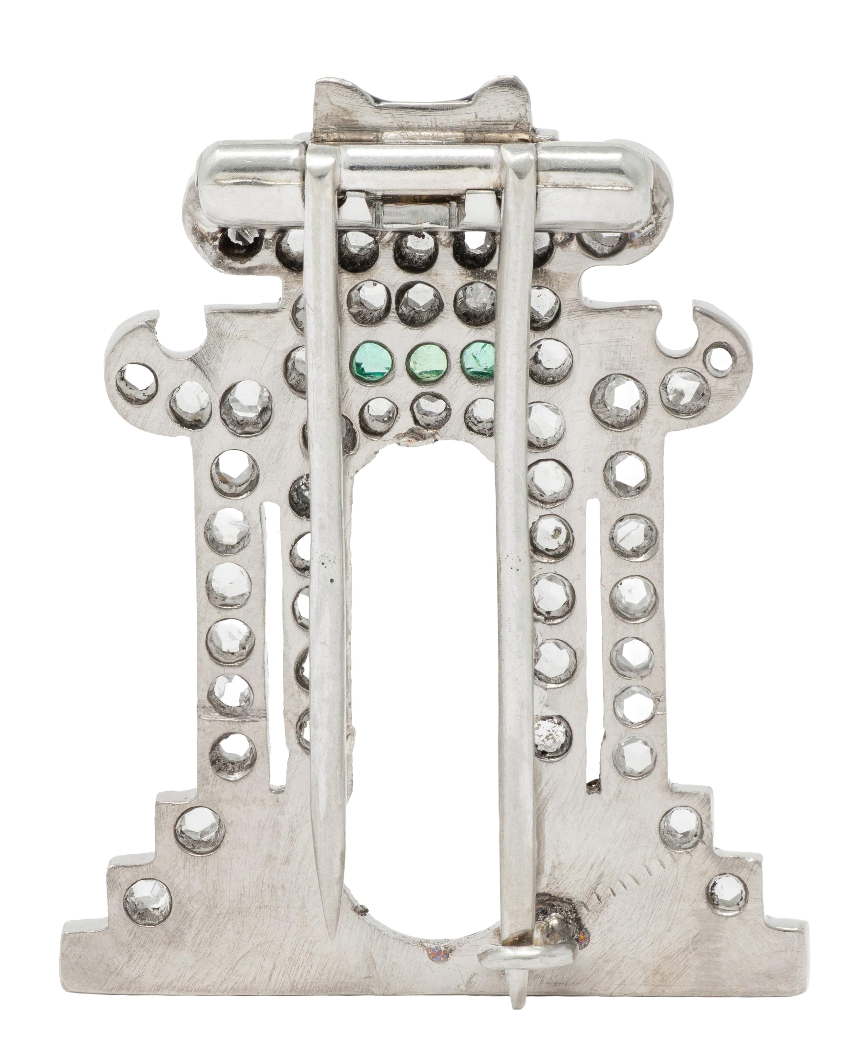 Ghiso Paris Art Deco Diamond Emerald Enamel Platinum Pagoda Antique Brooch