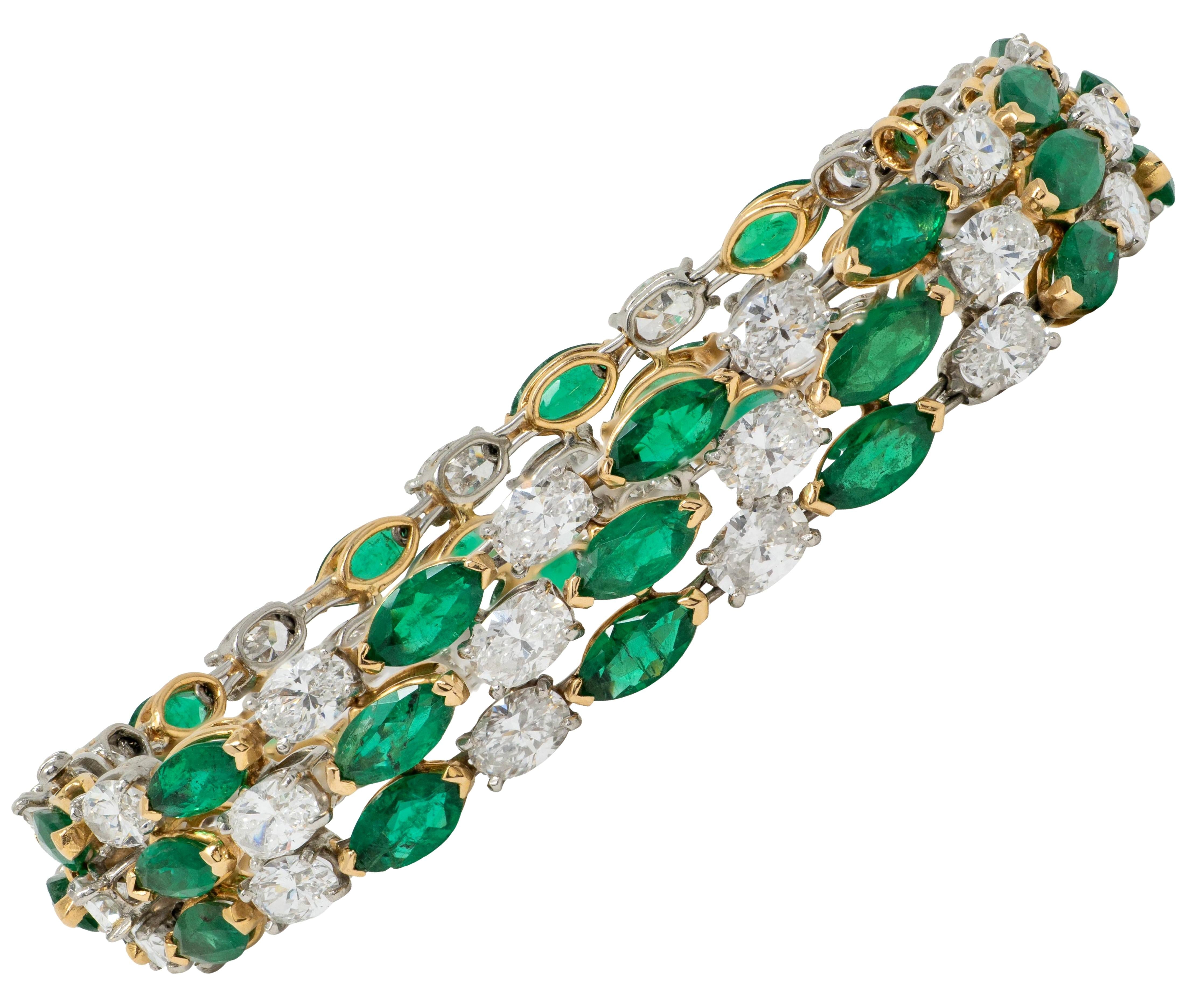 Oscar Heyman 1990's Emerald Diamond Platinum 18K Gold Vintage Stripe Bracelet