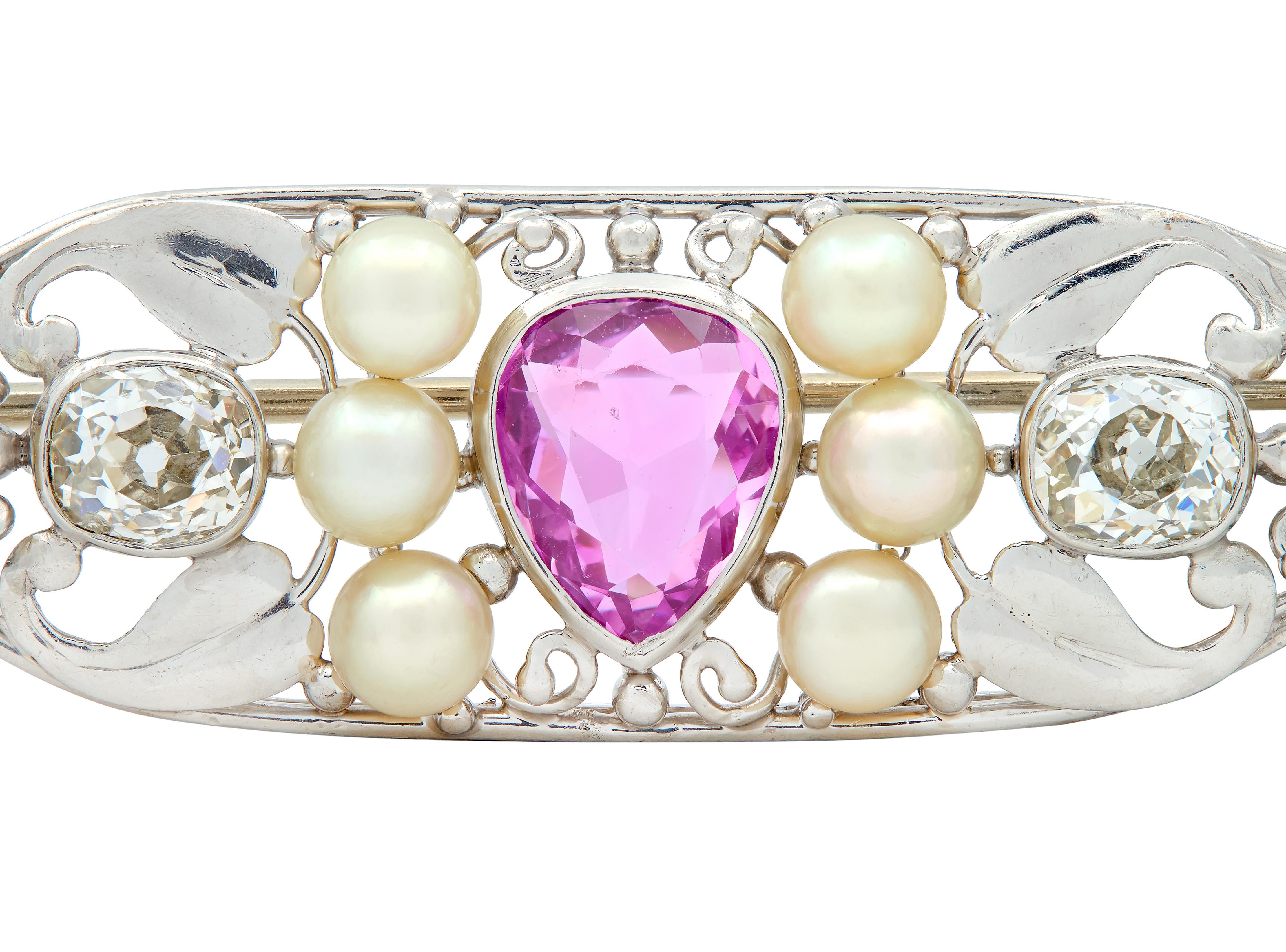 Art Nouveau Sapphire Diamond Pearl Platinum Antique Foliate Vine bar Brooch