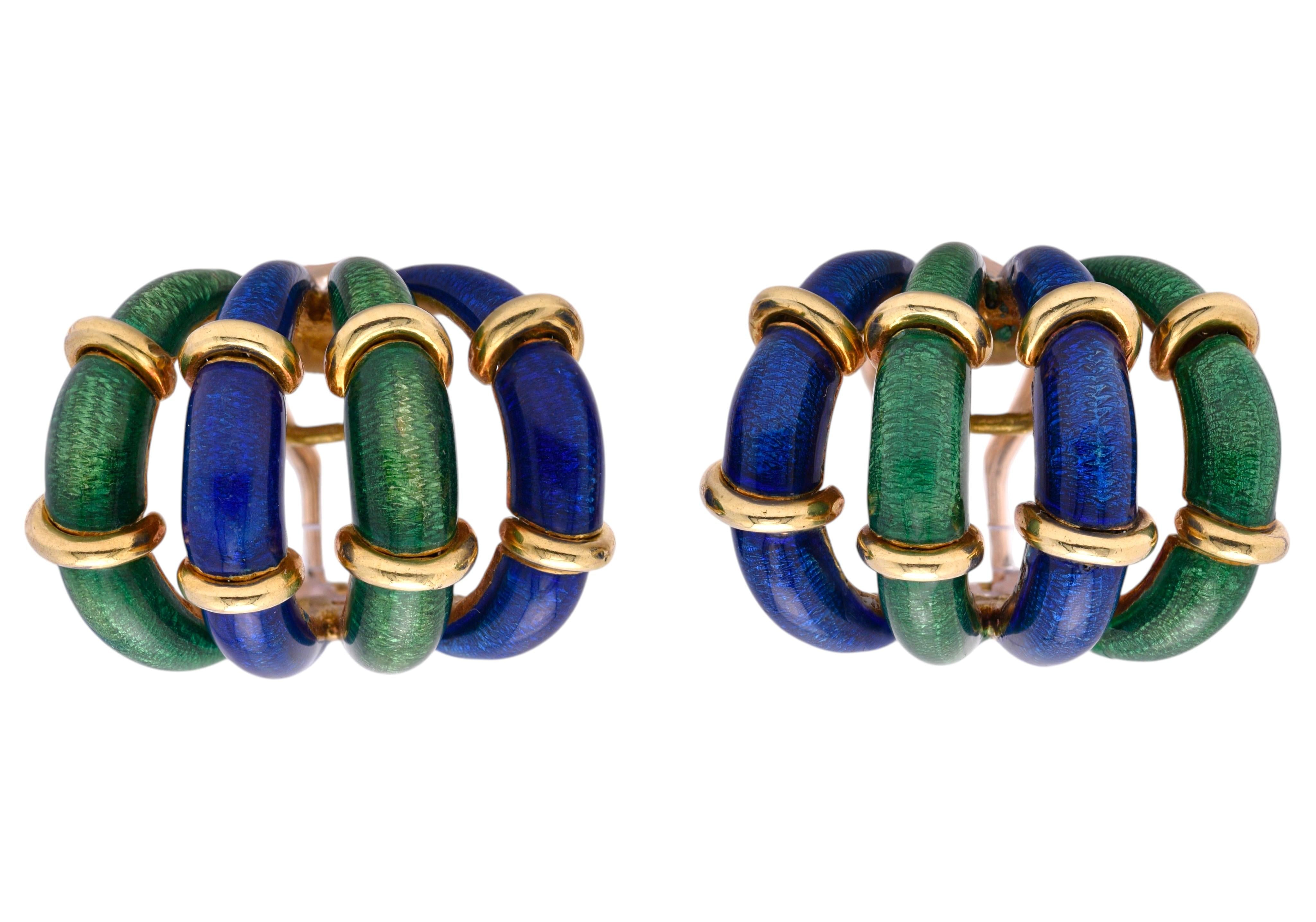 Tiffany & Co. Schlumberger 1960's Enamel 18K Gold Vintage Ear-Clip Earrings