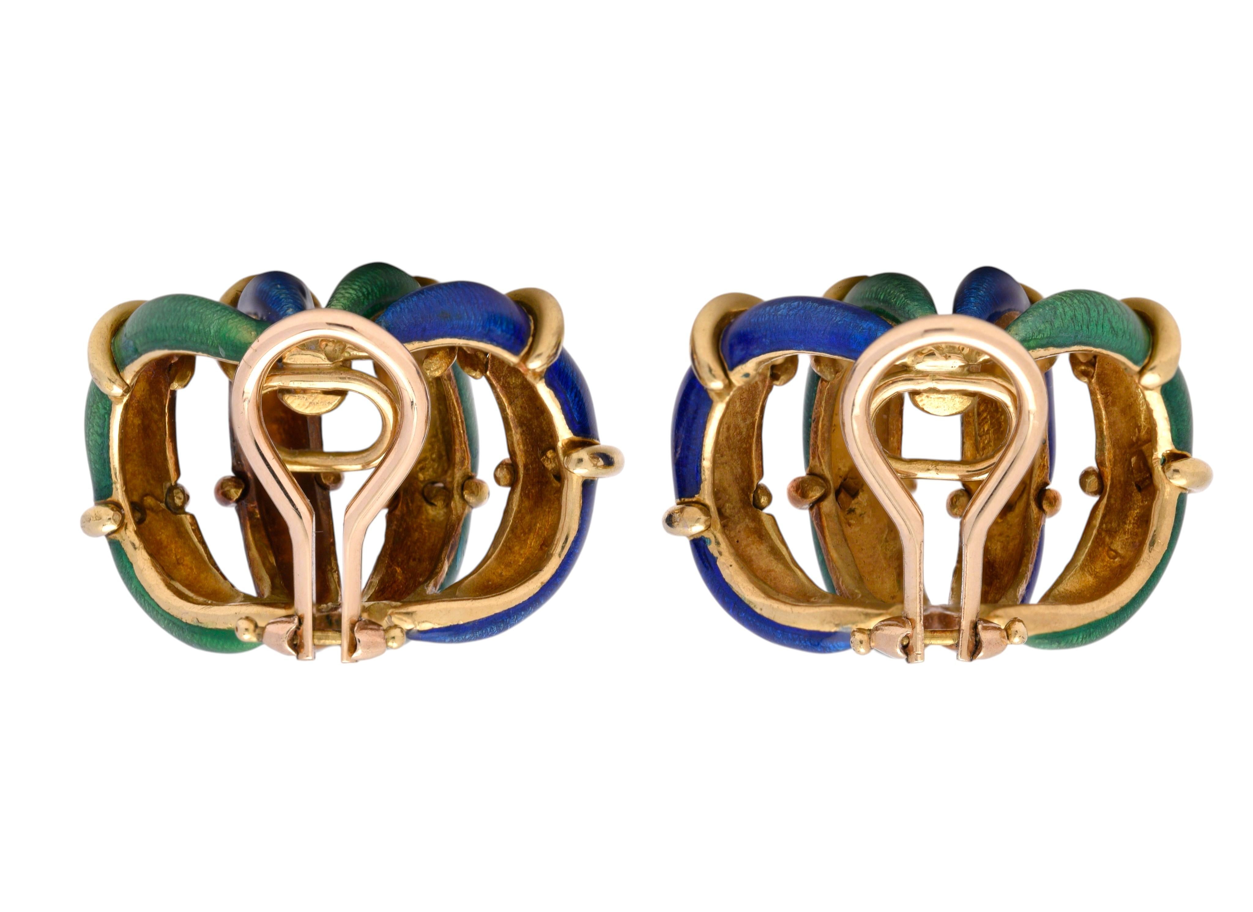 Tiffany & Co. Schlumberger 1960's Enamel 18K Gold Vintage Ear-Clip Earrings