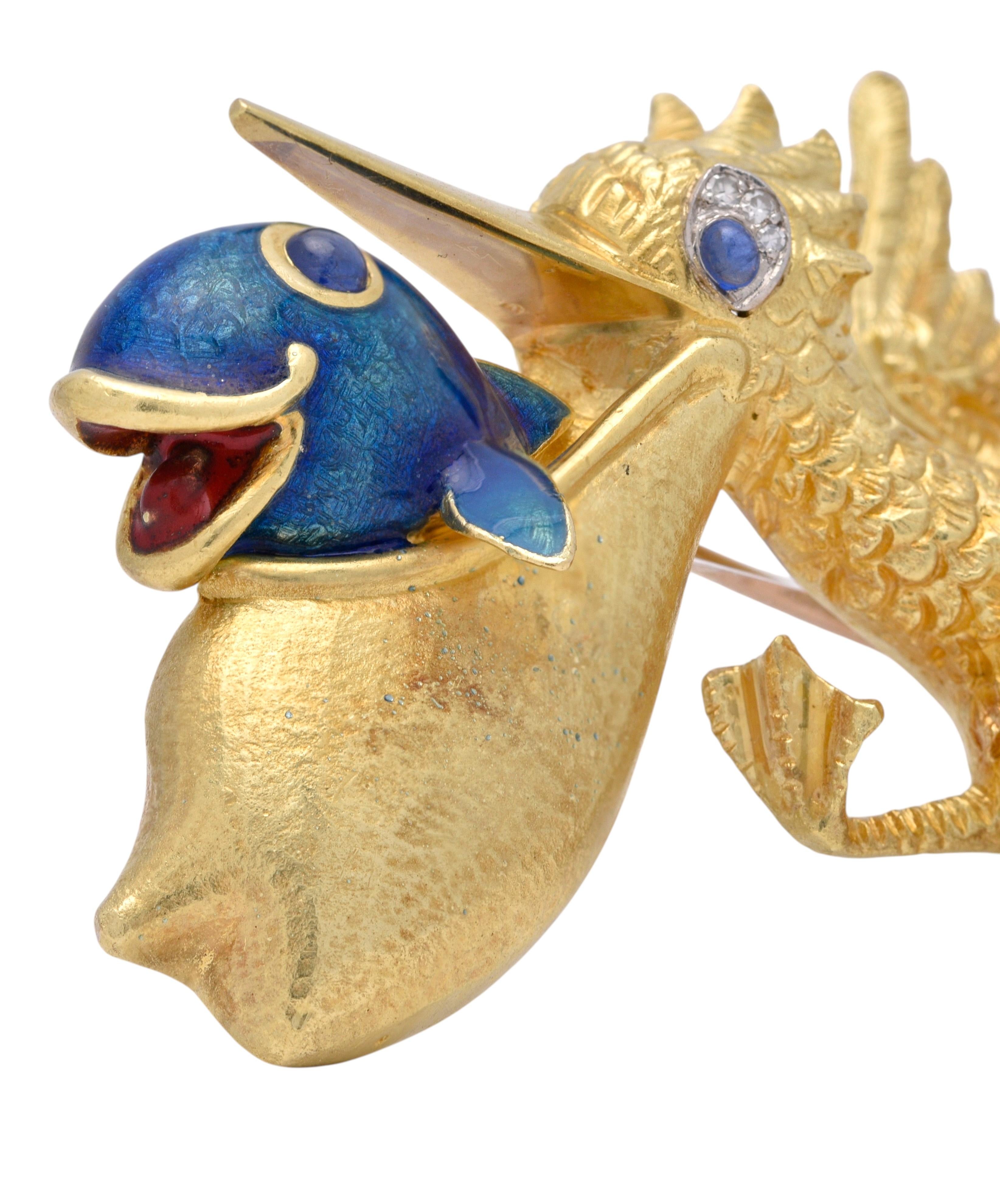 Cartier 1960 Enamel 18K Gold Platinum Vintage Whimsical Pelican Bird Fish Brooch