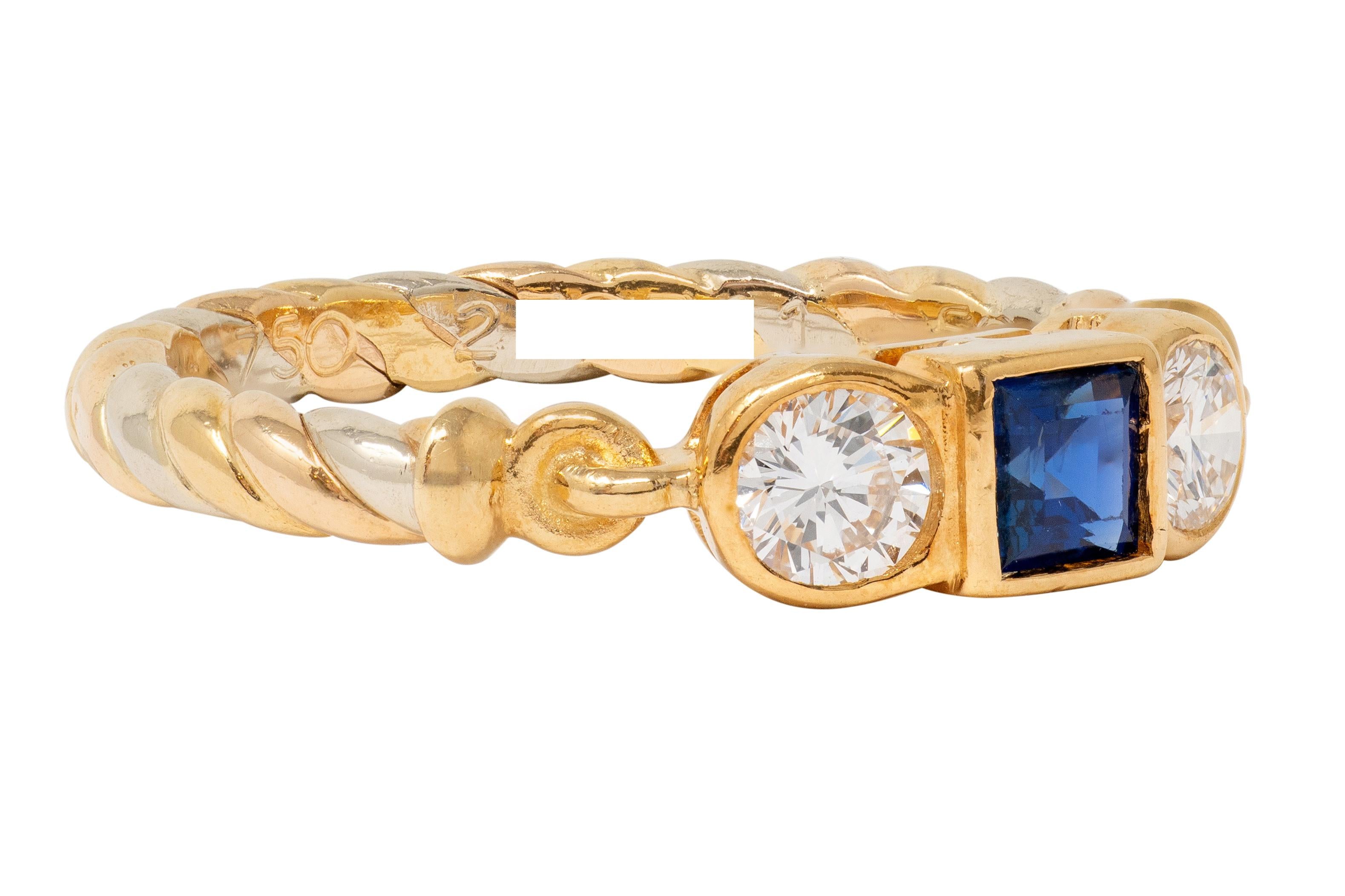 Cartier 1990's Sapphire Diamond 18 Karat Two-Tone Gold Vintage Three Stone Ring