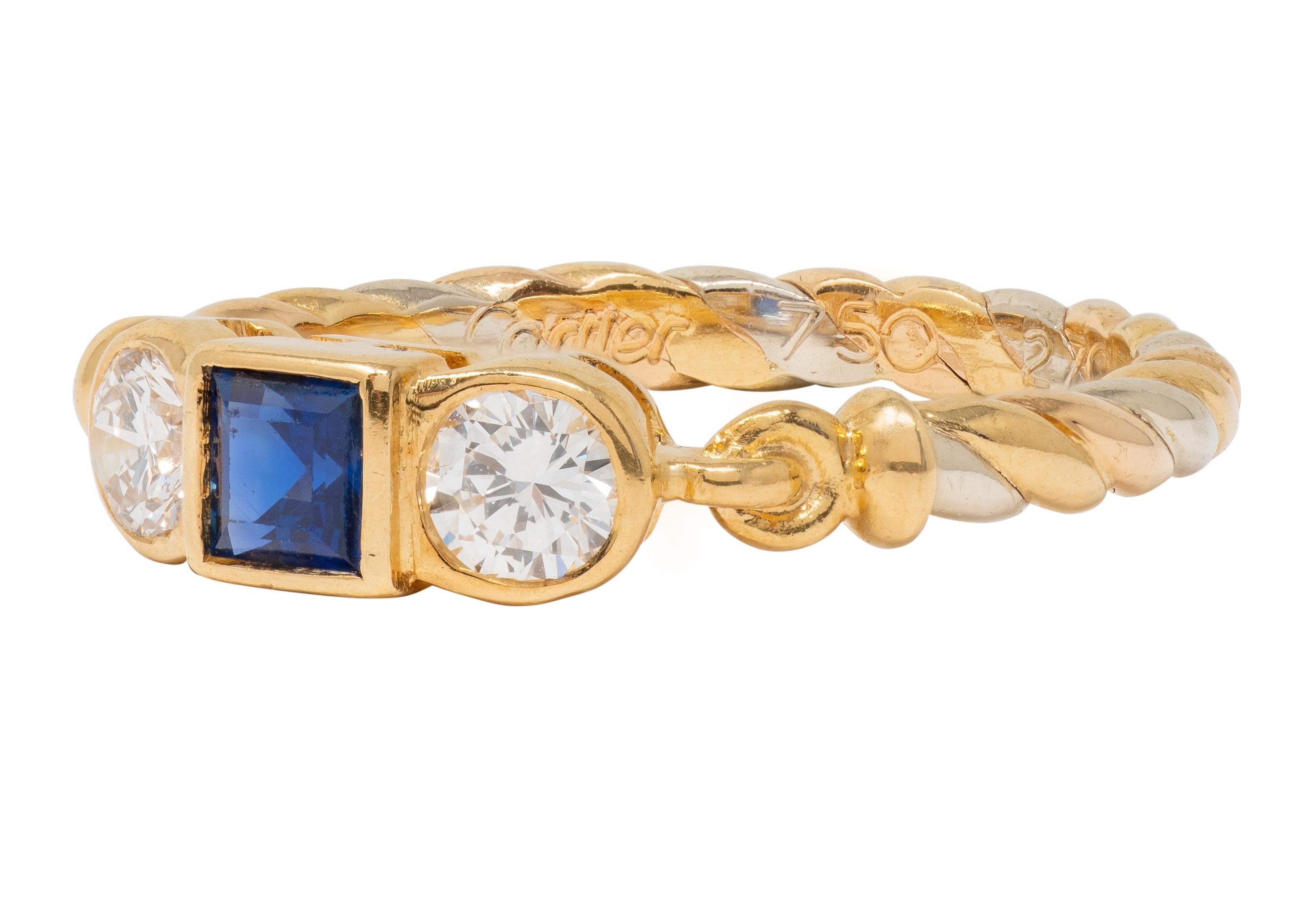 Cartier 1990's Sapphire Diamond 18 Karat Two-Tone Gold Vintage Three Stone Ring