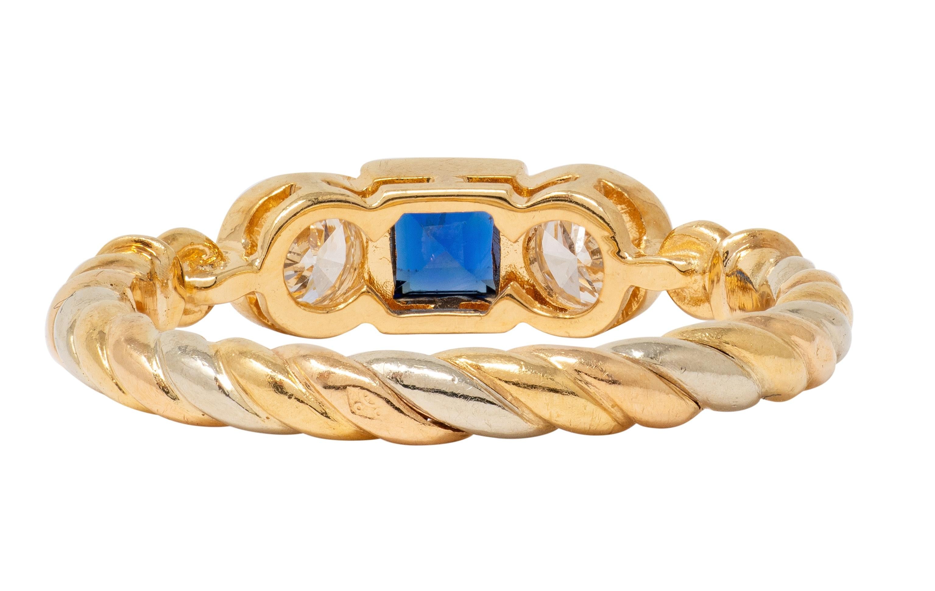 Cartier 1990's Sapphire Diamond 18 Karat Two-Tone Gold Vintage Three Stone Ring