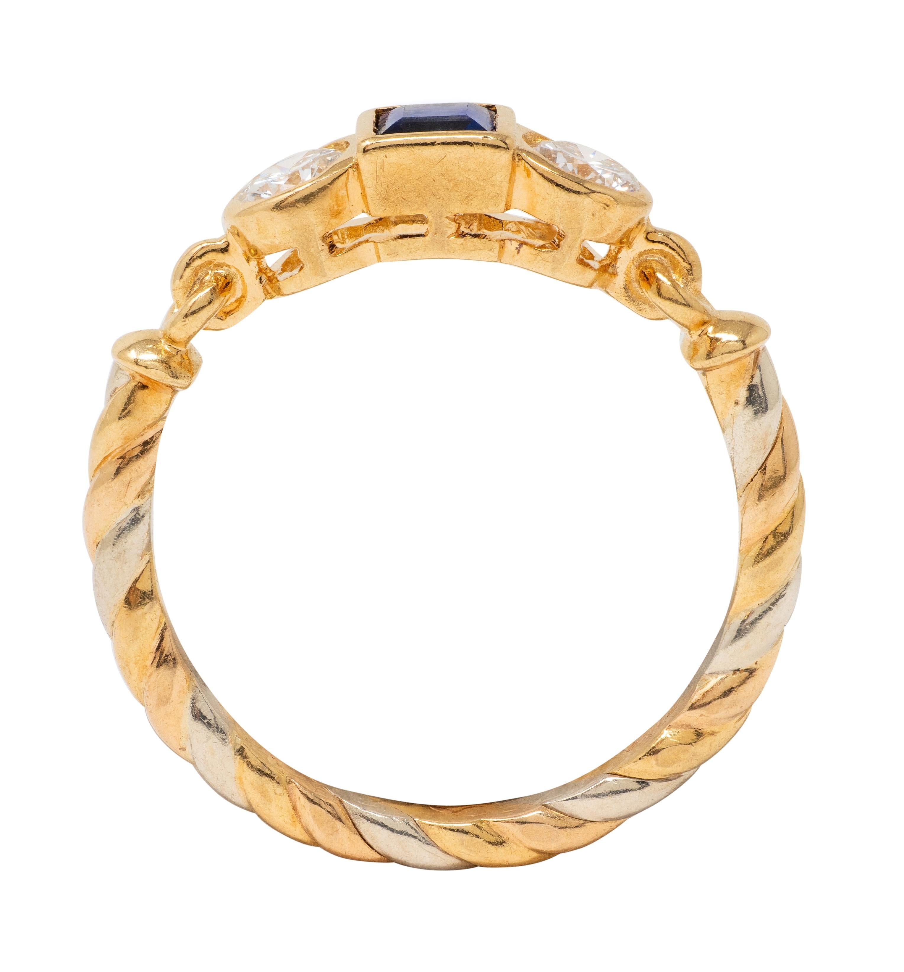 Cartier 1990's Sapphire Diamond 18 Karat Two-Tone Gold Vintage Three Stone Ring