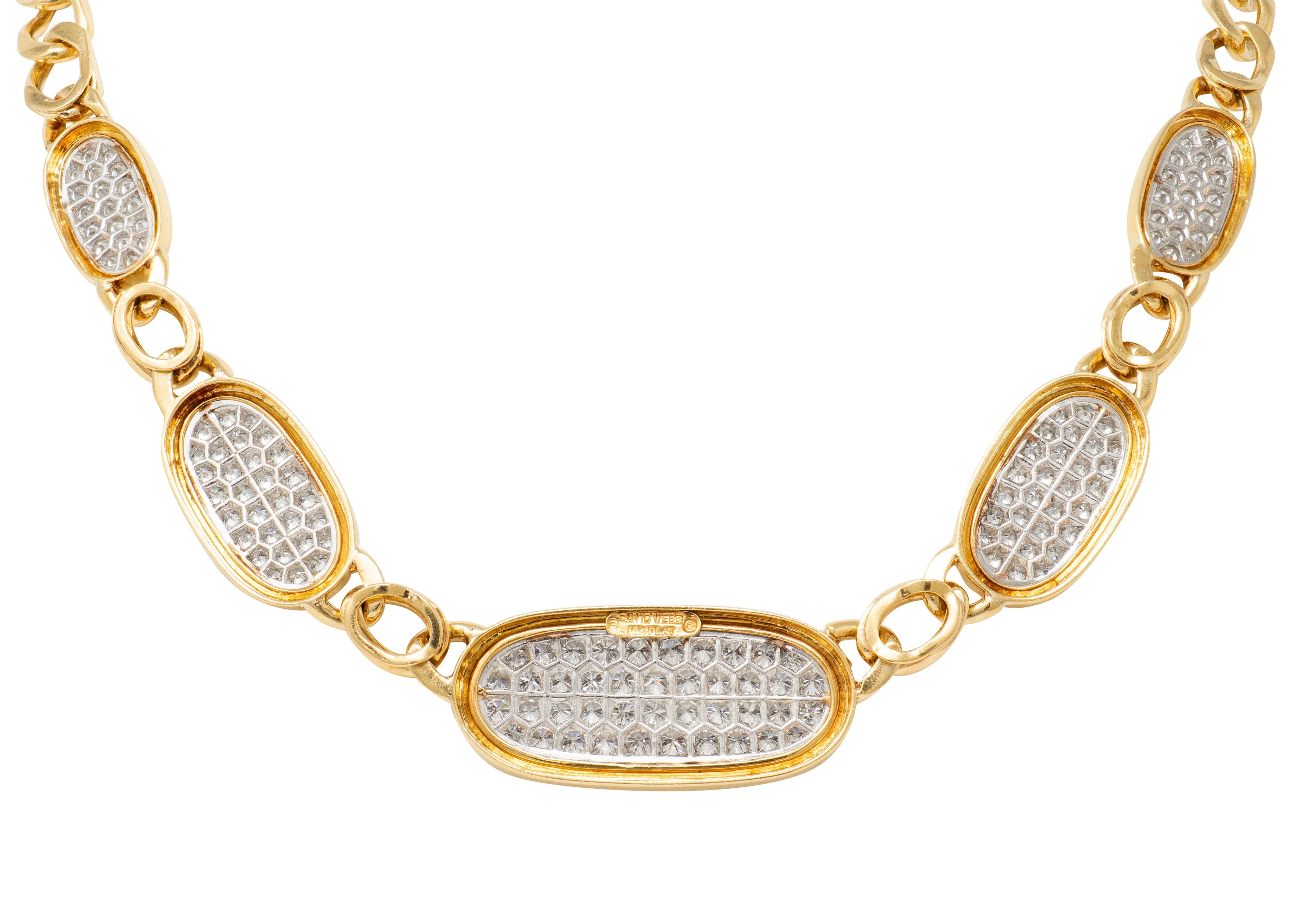 David Webb 1980's Diamond 18K Yellow Gold Platinum Vintage Pavé Station Necklace