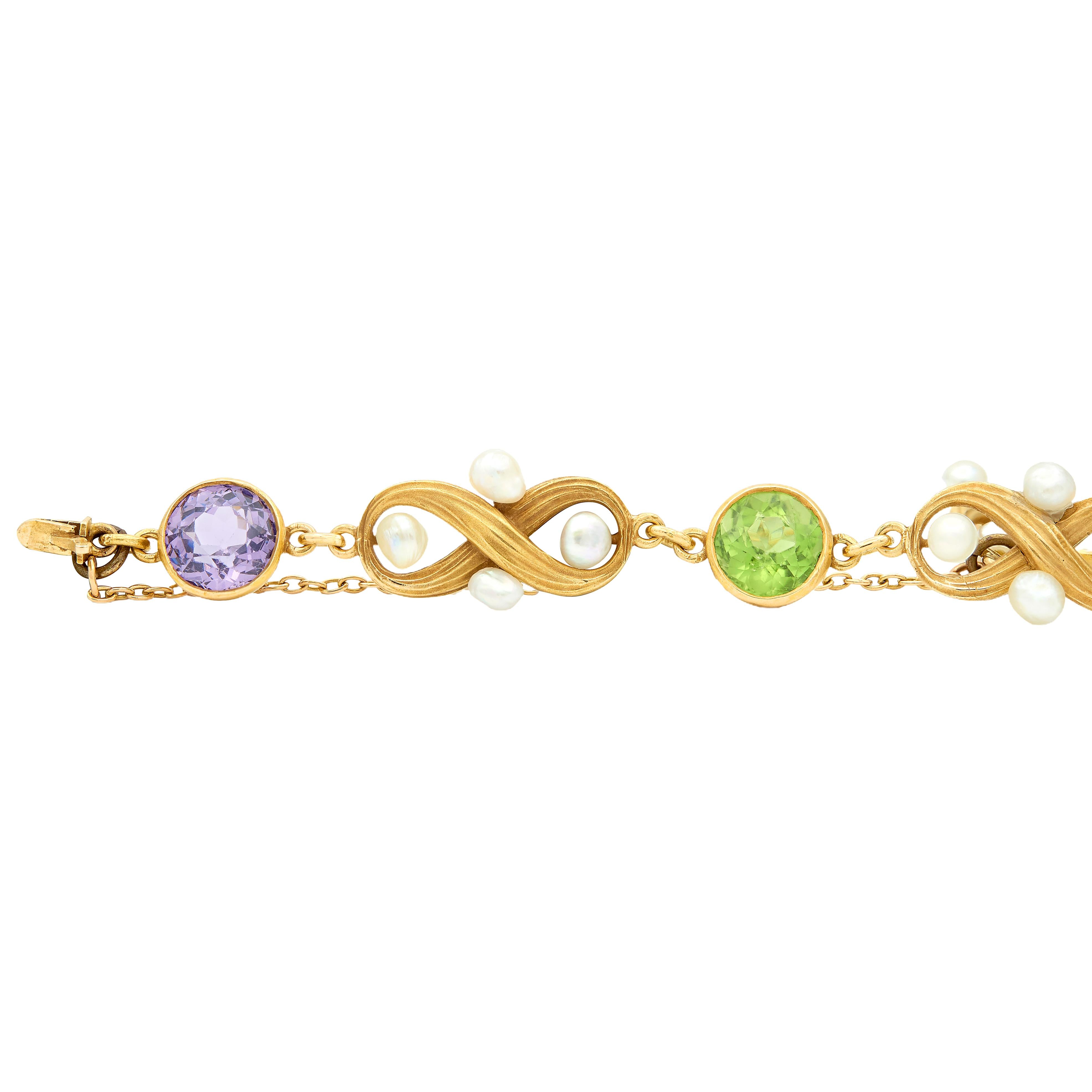 Art Nouveau Multi-Gem Sapphire 14K Yellow Gold Antique Infinity Link Bracelet