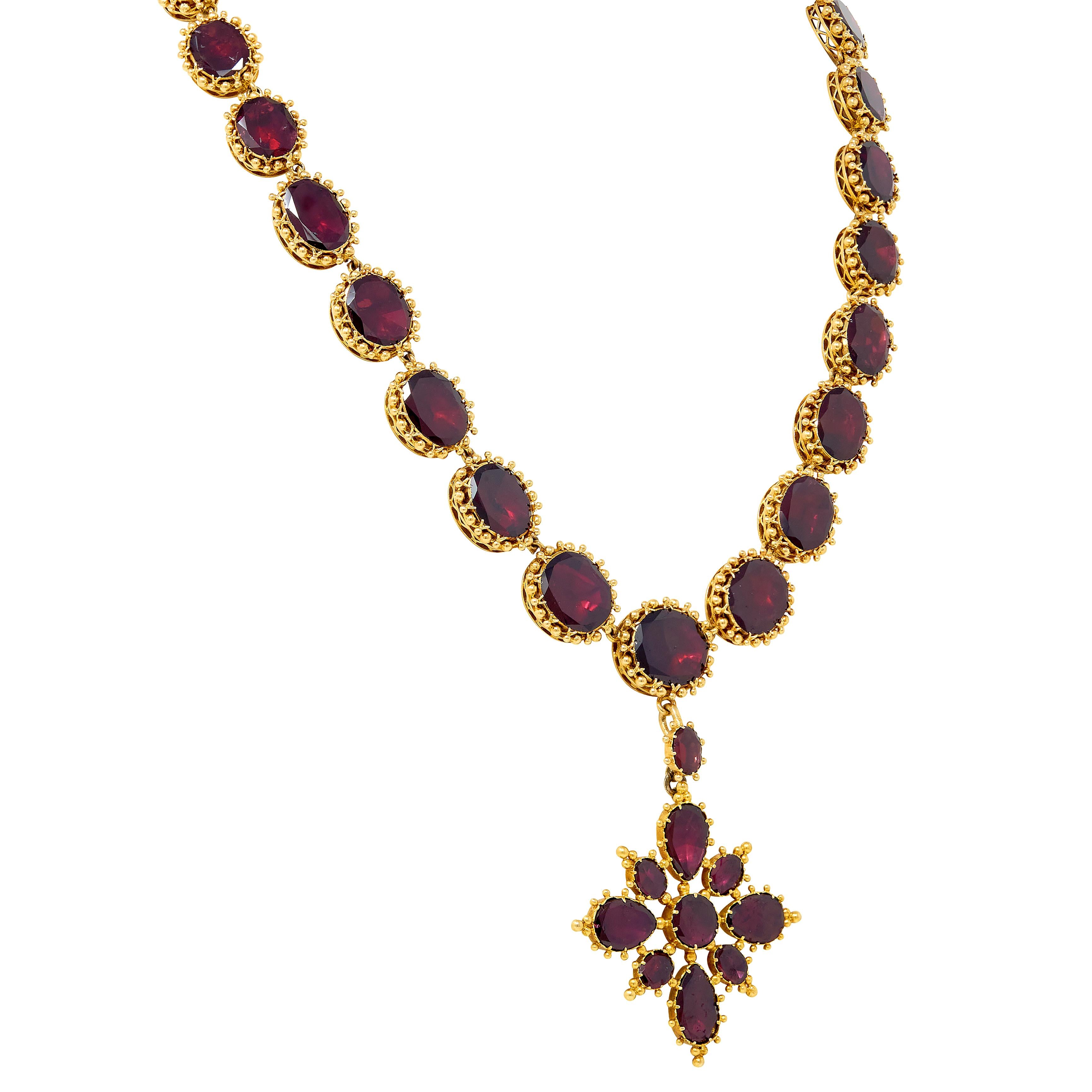 Georgian Garnet 18 Karat Yellow Gold Antique Graduated Cross Pendant Necklace
