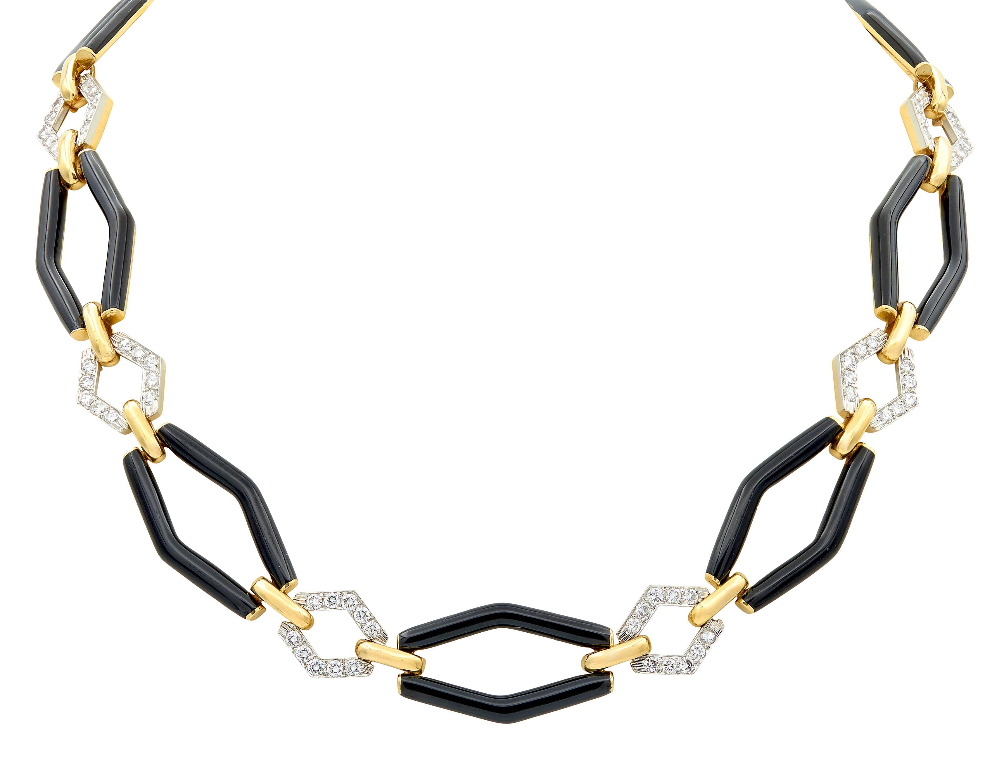 David Webb 1980's Diamond Enamel 18K Yellow Gold Platinum Vintage Link Necklace