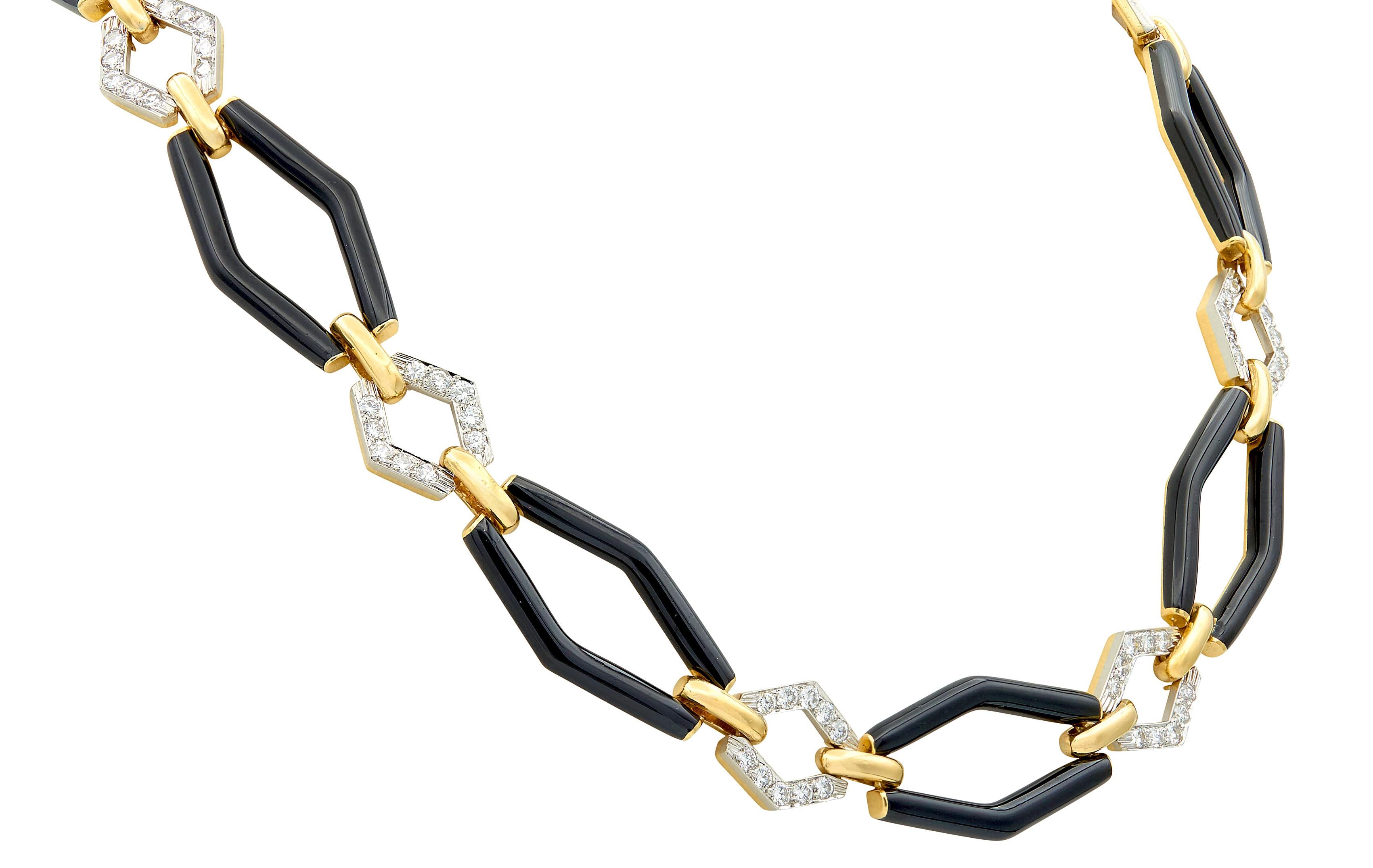 David Webb 1980's Diamond Enamel 18K Yellow Gold Platinum Vintage Link Necklace
