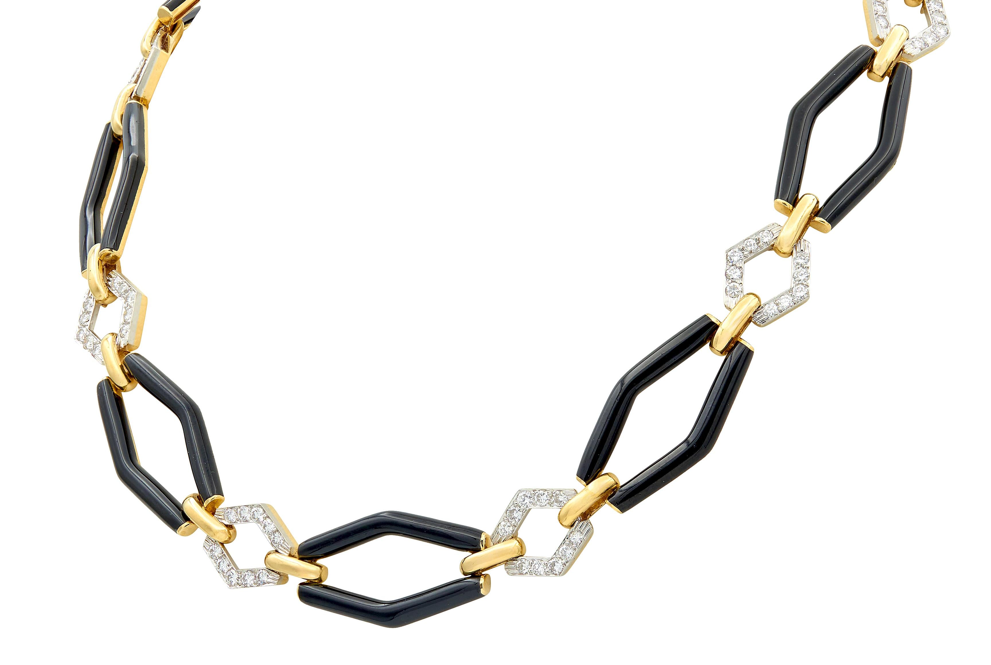 David Webb 1980's Diamond Enamel 18K Yellow Gold Platinum Vintage Link Necklace