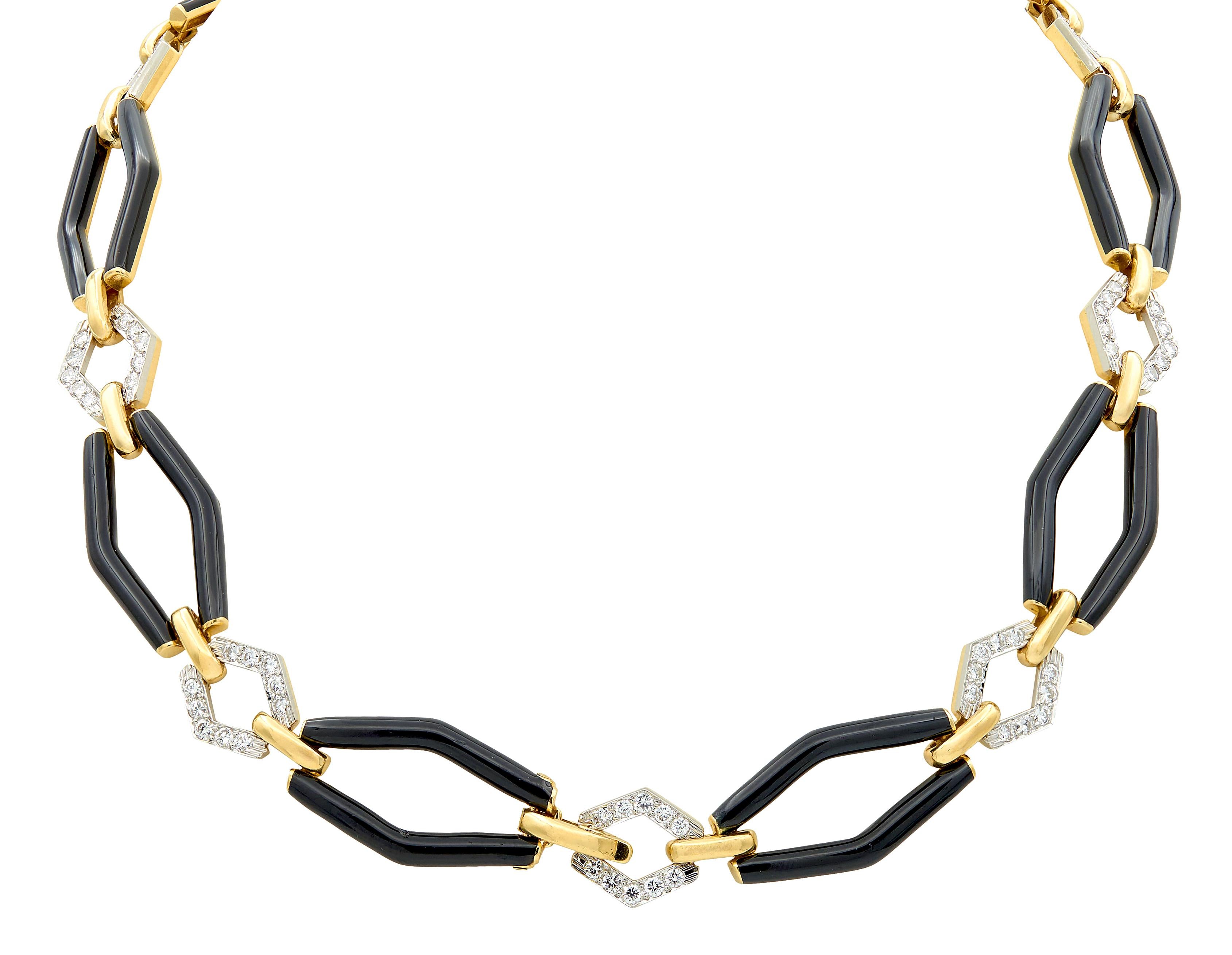 David Webb 1980's Diamond Enamel 18K Yellow Gold Platinum Vintage Link Necklace
