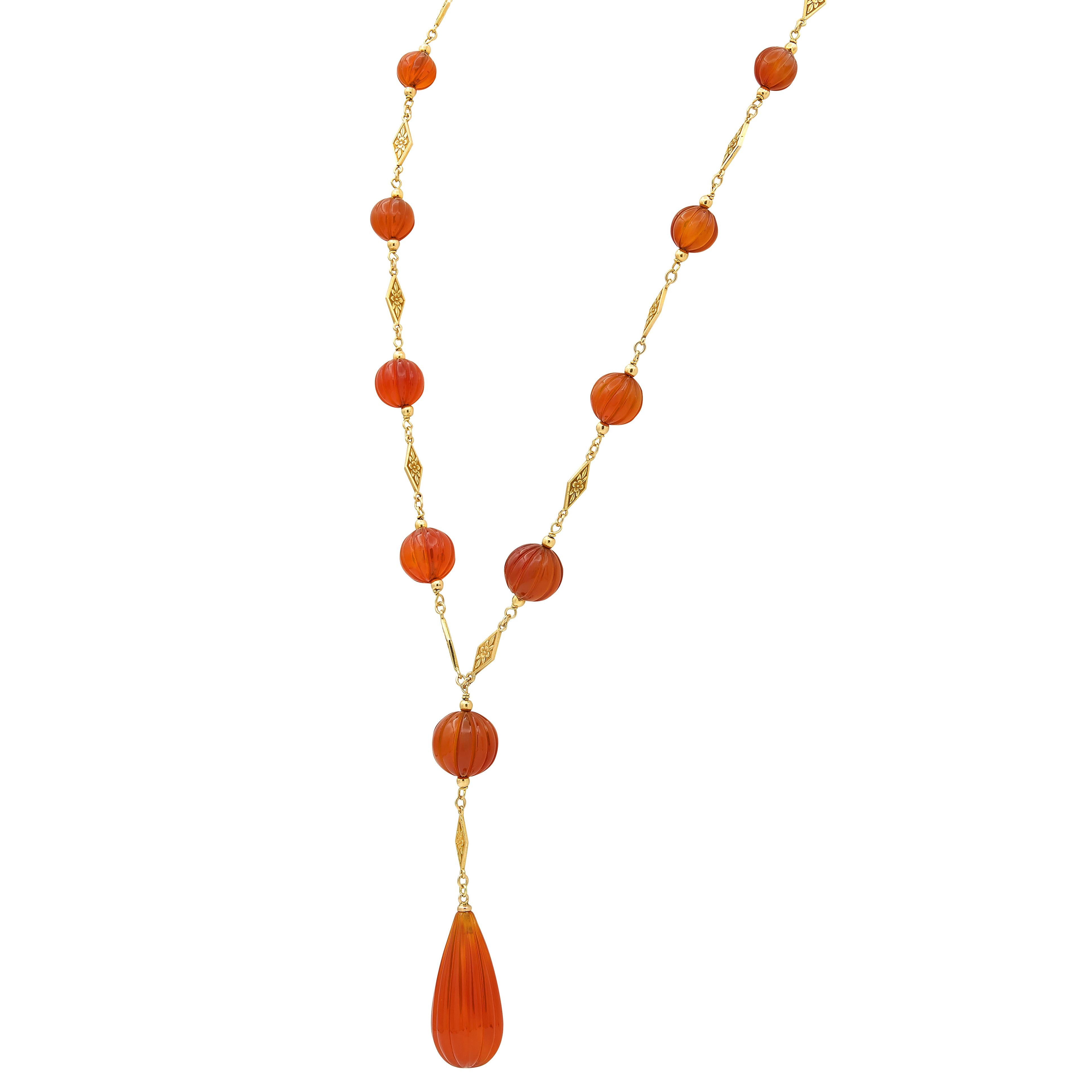 Early Art Deco Carnelian 14K Gold Antique Orange Blossom Sautoir Necklace