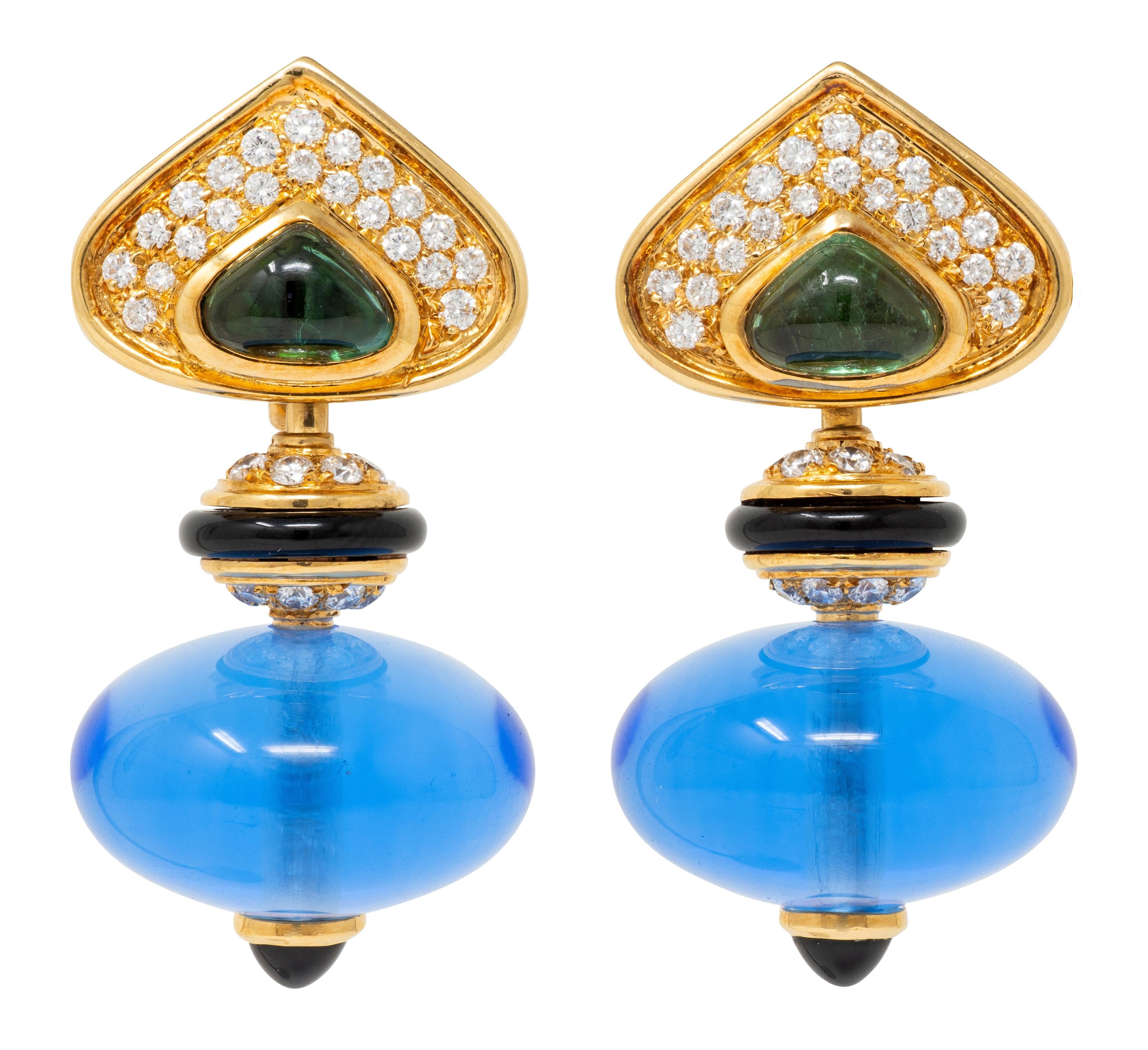 Marina B. Multi-Gem 18K Gold Vintage Interchangeable Pneu Drop Ear-Clip Earrings