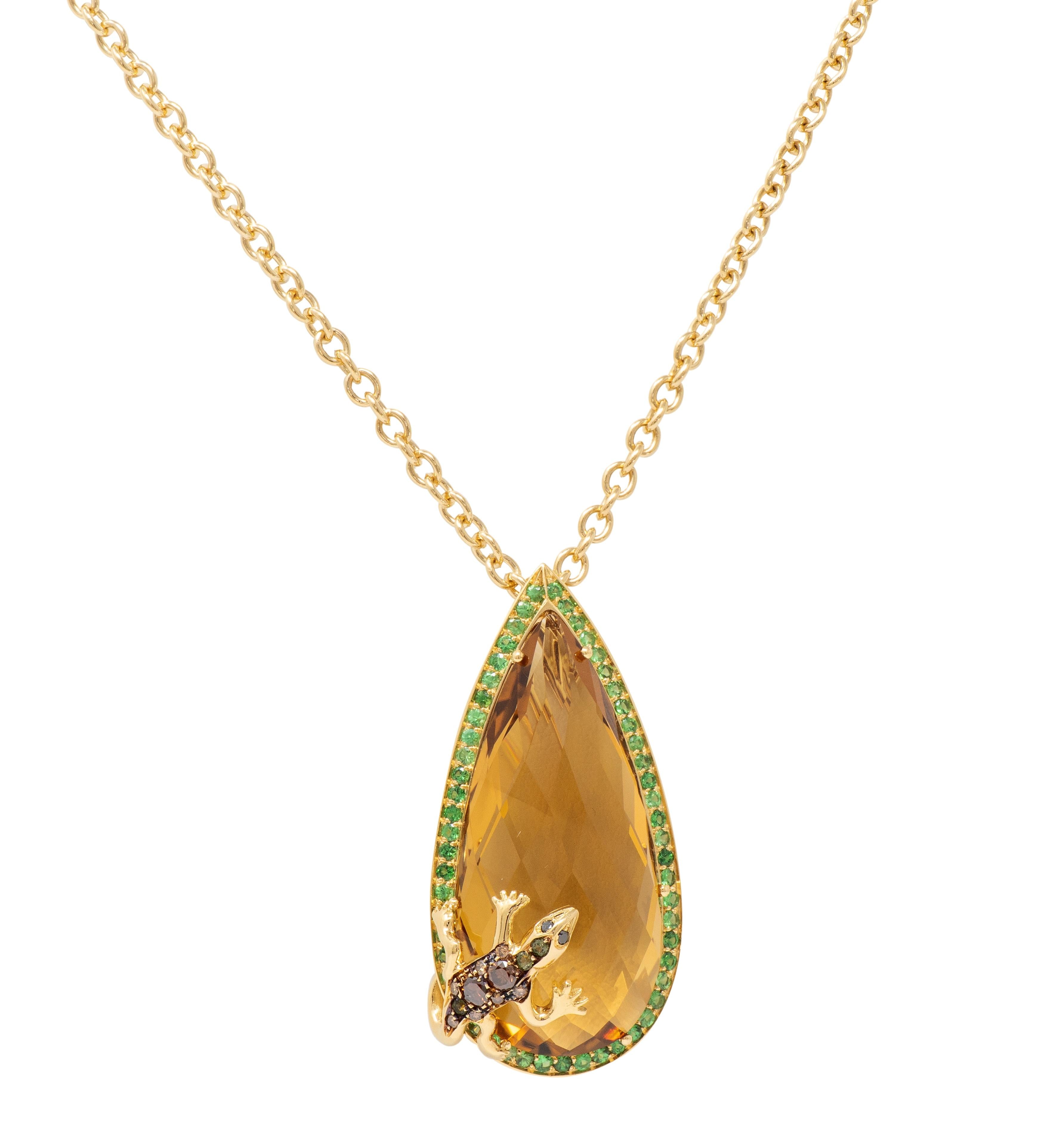 Citrine Demantoid Garnet Diamond 18K Gold Contemporary Lizard Pendant Necklace